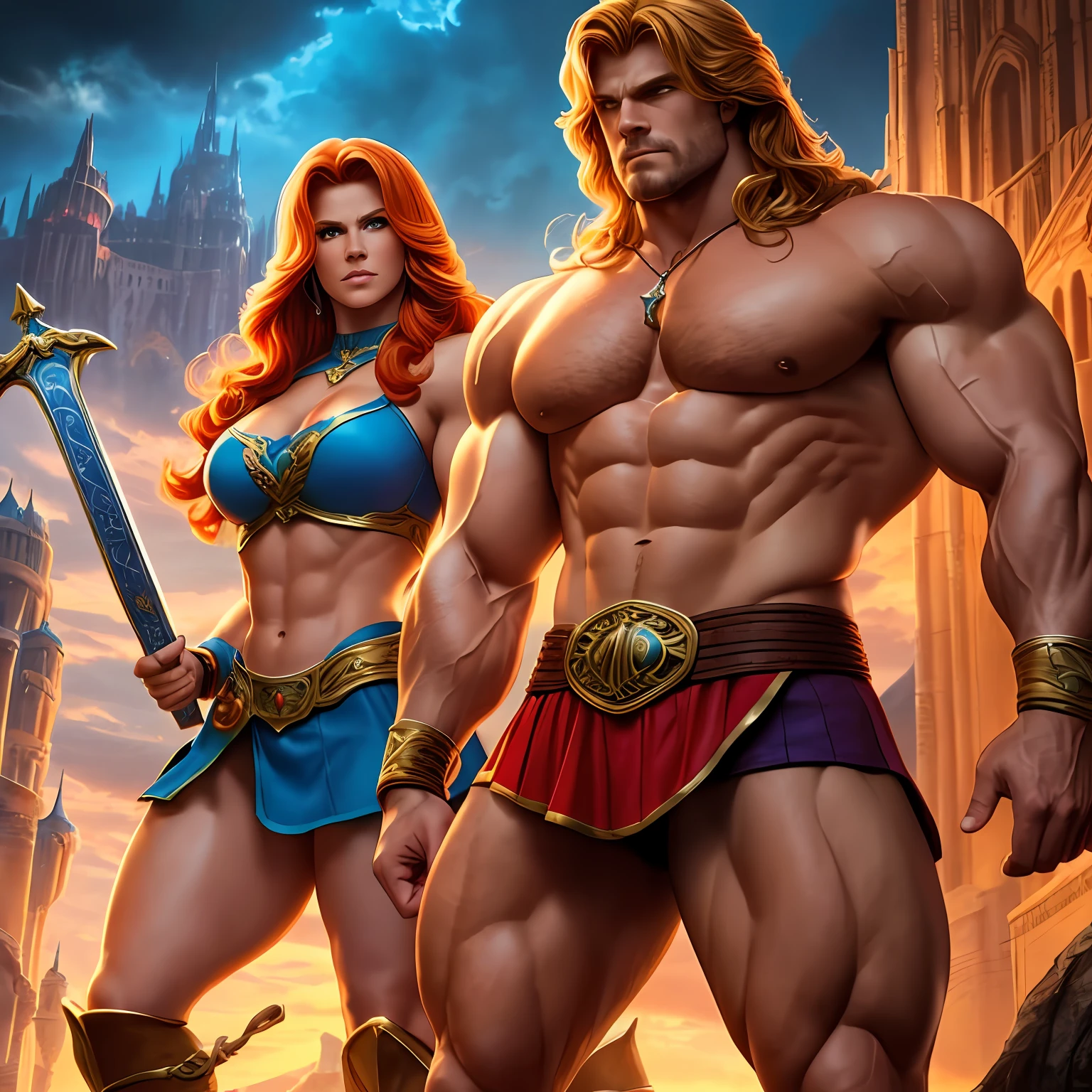 depth of field, photorealistic, 4k, high detailed , 2 full body people in frame ( a man and woman, in focus), he-man, (detailed handsome face and wavy blonde hair, large thick muscles, strong jaw, defined eyes, defined mouth, defined nose, strong muscular neck), standing next to teela (a beautiful woman with red hair, athletic and sexy body), standing in eternia holding magic swords, magical sky, tall fantasy buildings in the background, castle greyskull