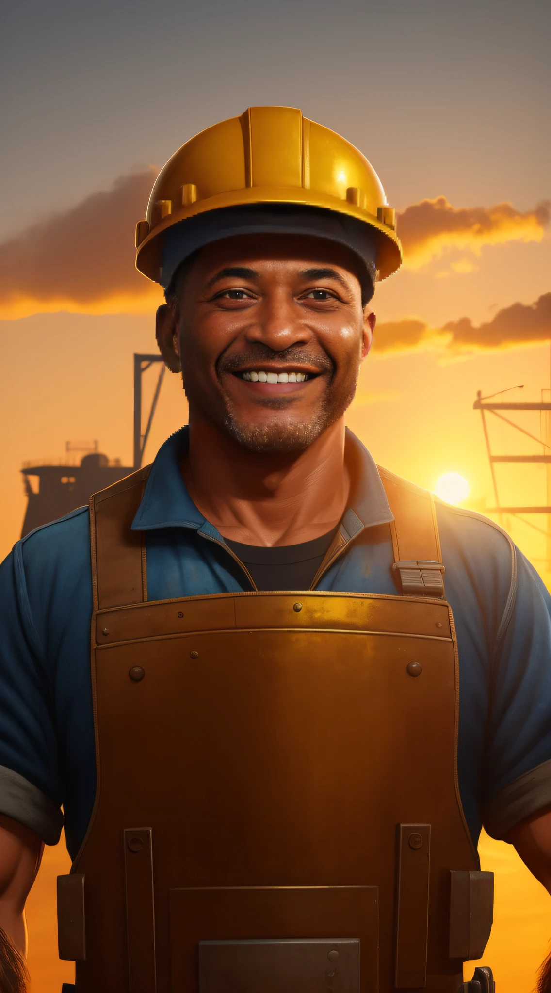 Heroic bust of industry worker, sorrindo, pintura digital, cena de filme, golden hour, 8k