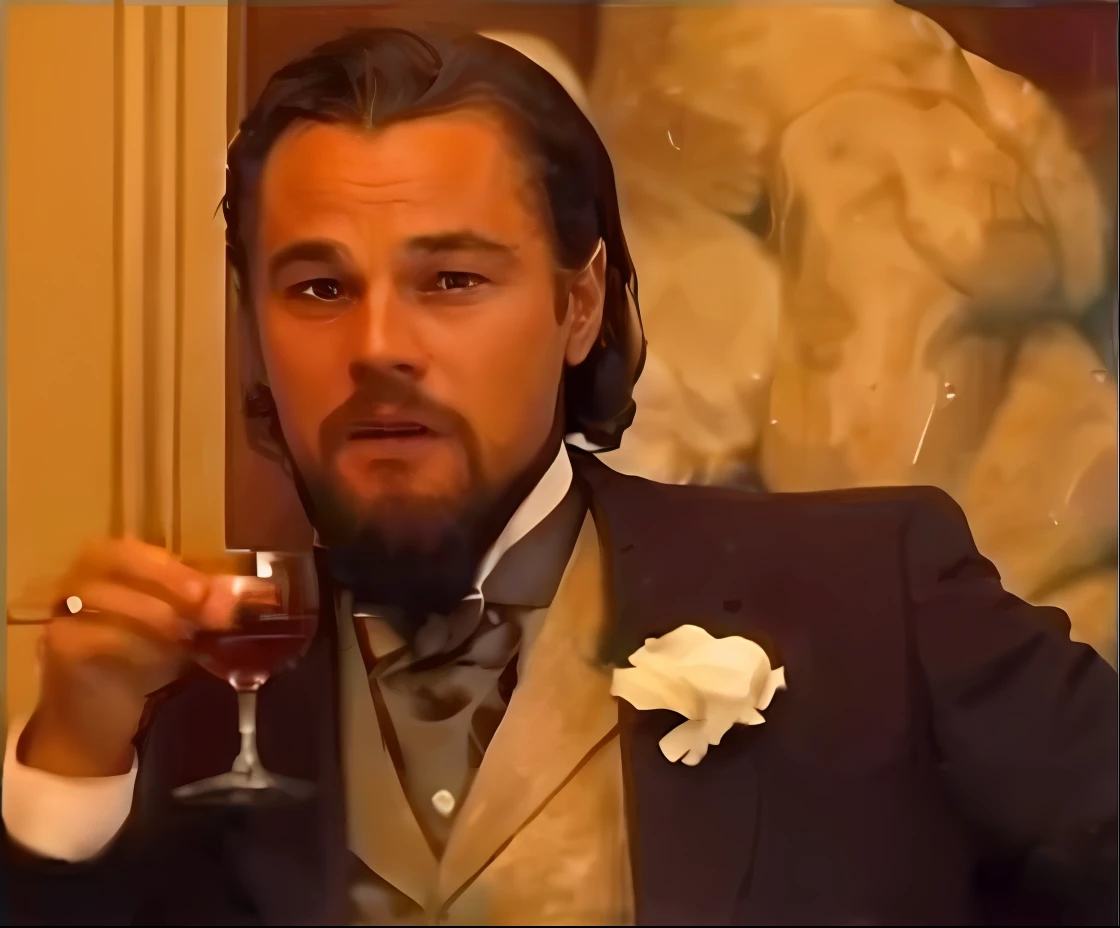 Arafed man in a suit holding a glass of wine, Mesmo de Leonardo DiCaprio, Modelo de Mesmo, Mesmo formato, "Leonardo DiCaprio, Jack Nicholson is the bottle, O rosto de Leonardo DiCaprio, Vencedor do Oscar, Obrigado Memes, Django, obrigada, drinking whiskey, Leonardo DiCaprio, Mesmo, Mesmo do reddit, Memes, pavor existencial, Eu quero dizer, smug smirk, desgostoso
