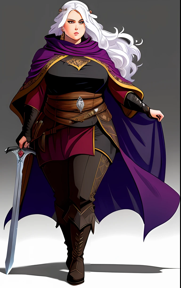 a drawing of a fat woman in a black cloak and boots holding a sword, d & d style full body portrait, rpg portrait full body, as a dnd character, full body dnd character portrait, flowing robes and leather armor, dnd character, black and reddish color armor, fantasy d&d character, full body concept, as a d & d character, female assassin, female rouge assassin, alluring princess knight, big belly, white hair, purpled eyes, her belly is fat and round, full body --auto