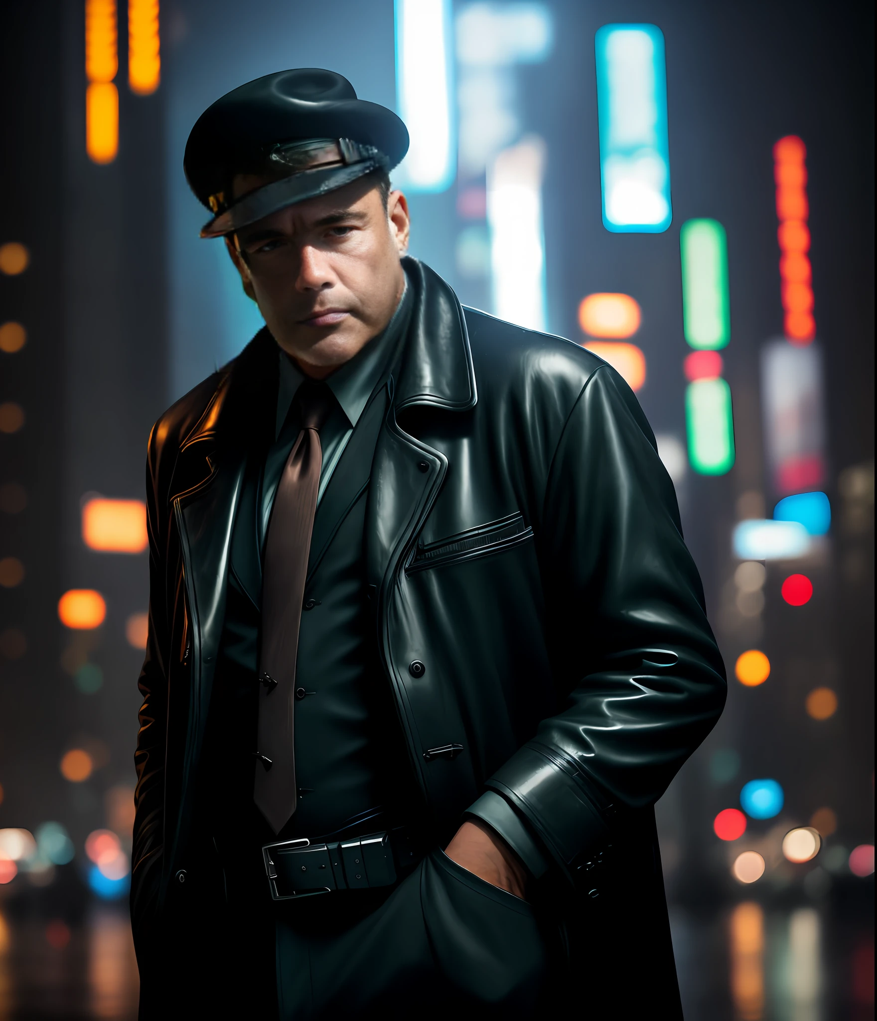 masterpiece, high detail, trending on artstation, realistic, detailed face, overall, a photo of a cyberpunk private detective, old man, dark hair, dirty, drone, Blade Runner city, neo lights, dark, rain, night, RAW, canon r6, wide shot, sharp, blurry background, rule of thirds, dramatic lights, dark shadows