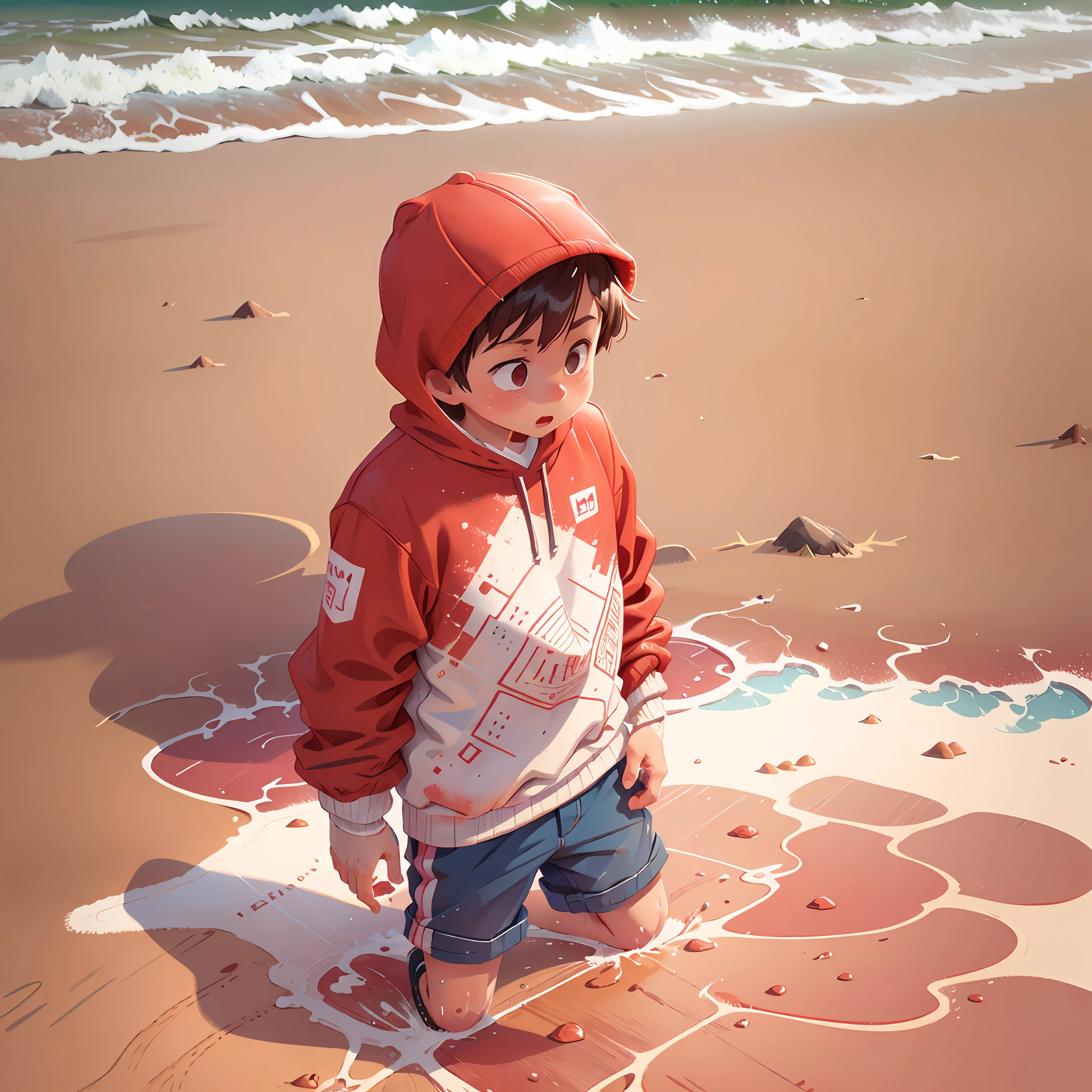 On a sandy beach, a boy in a red sweatshirt and white lining seems to have accidentally discovered a soaked map...