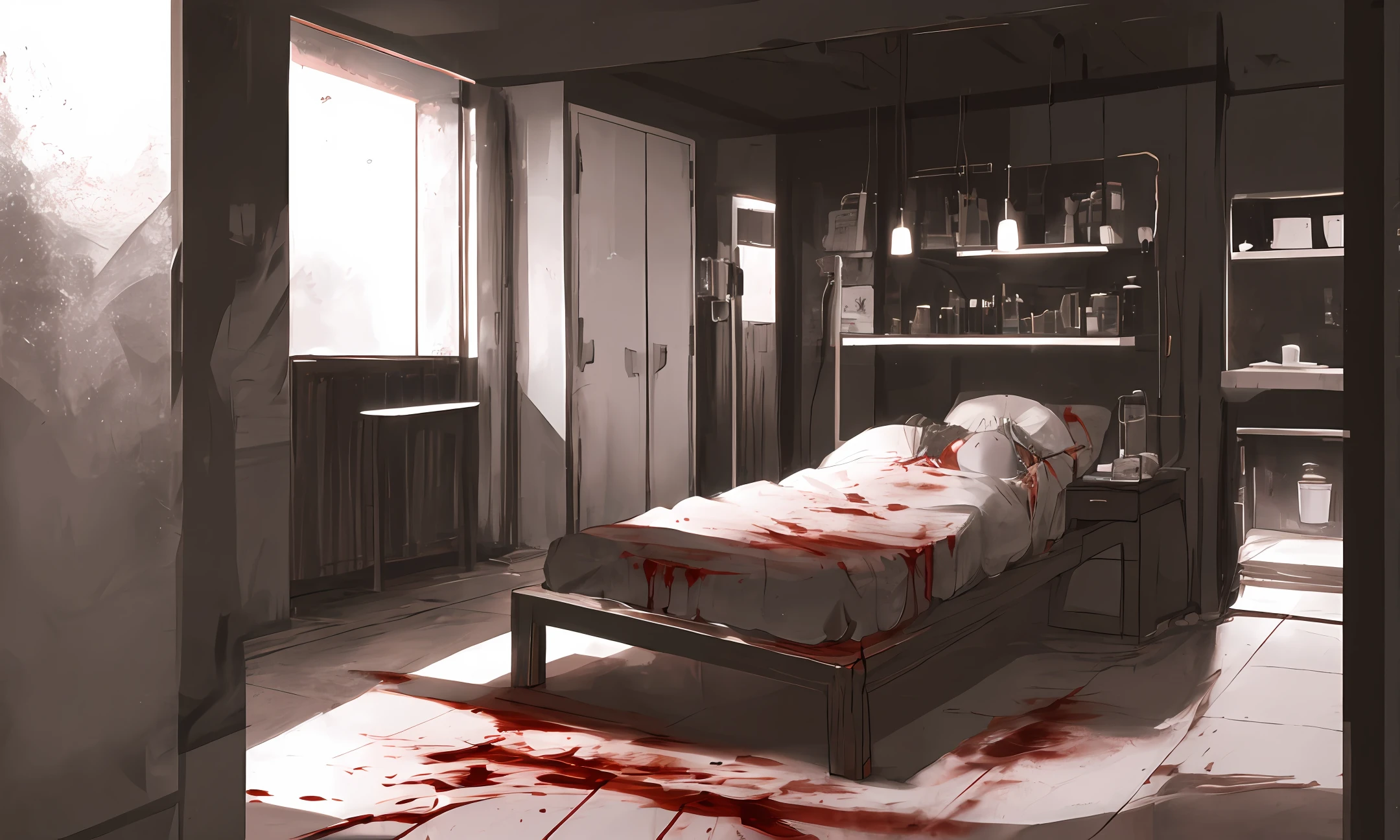 a surgery done in the 19th century, lots of blood in the room, high quality, black and white