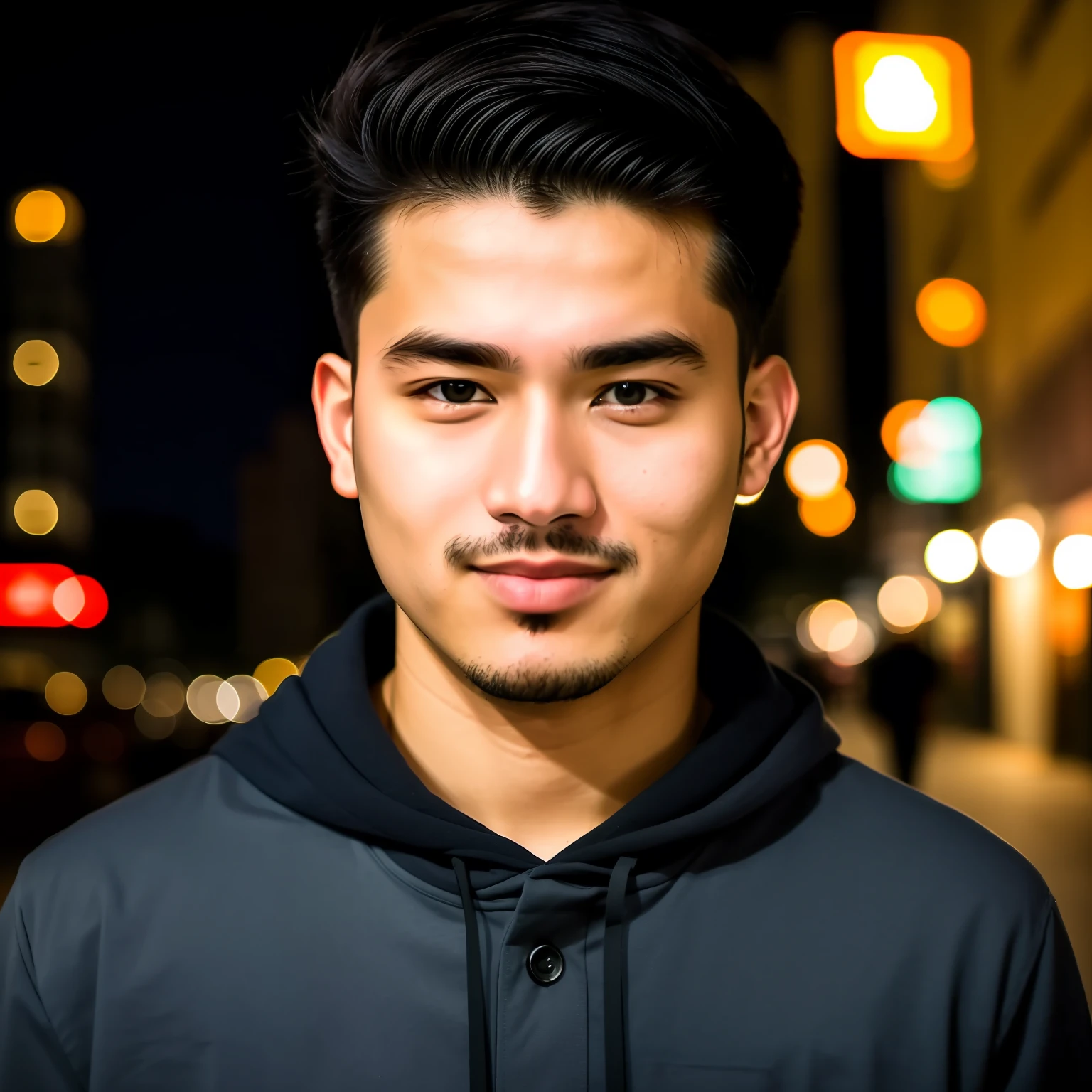 RAW photo, a portrait photo of 25 y.o man in casual clothes, night, city street, (high detailed skin:1.2), 8k uhd, dslr, soft lighting, high quality, film grain, Fujifilm XT3