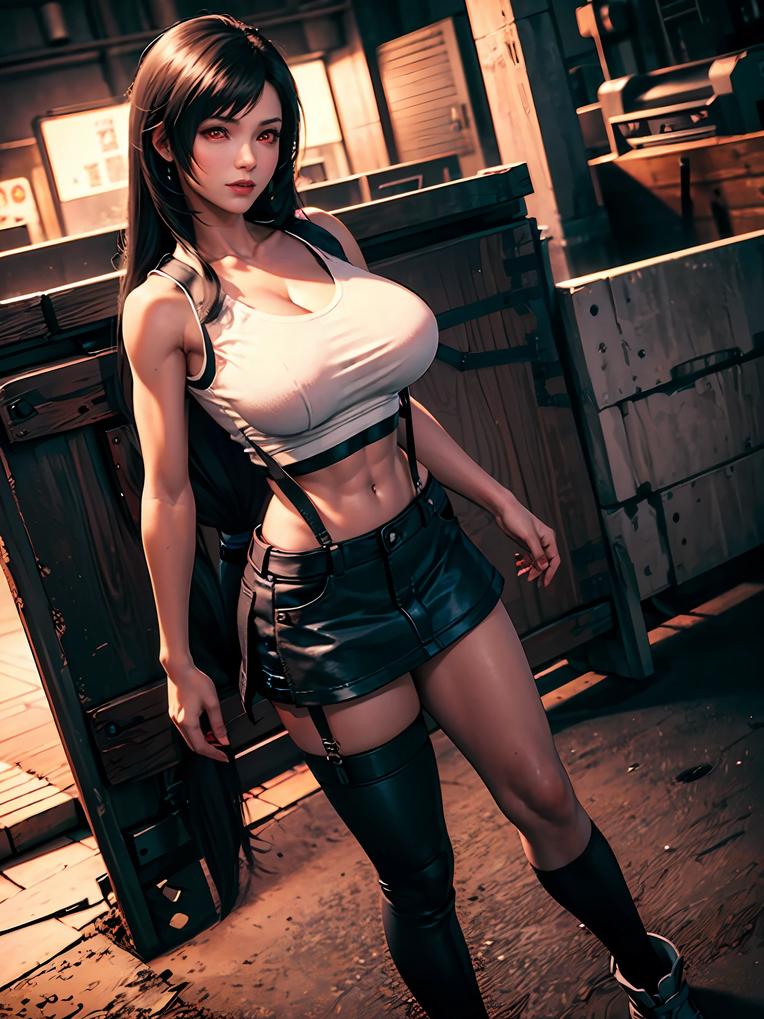 official art, unity 8k wallpaper, ultra detailed, beautiful and aesthetic, masterpiece, best quality, extremely detailed, dynamic angle, cowboy shot, elegant, vivid colours, atmospheric. Tifa lockhart, long black hair, red eyes, hair bangs, (white tank top:1.5), white top, (black miniskirt:1.4), suspenders, stockings, (huge breasts:1.5), cleavage, (red eyes:1.5)one girl, 1 girl, thin waist, wide hips, exposed abdomen, toned abs, toned arms, close up, see through clothes, semi transparant clothes, outside an industrial factory at night, a green atmospheric glow