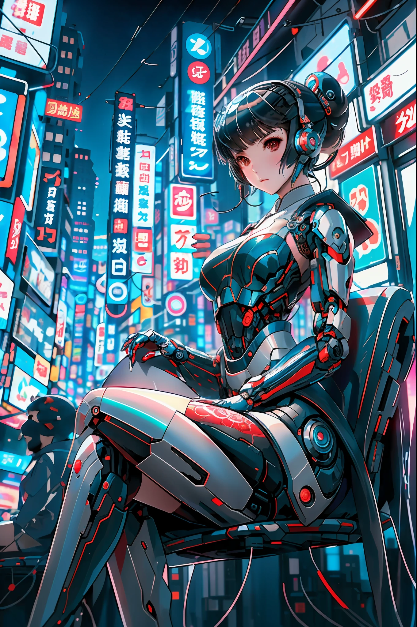 Anime girl in kimono sitting on a chair in the city, cyberpunk anime girl mech, Digital cyberpunk anime art, digitl cyberpunk - anime art, anime cyberpunk art, cyberpunk anime art, Cyborg girl, anime mecha aesthetic, Cute cyborg girl, trending on cgstation, cyberpunk anime girl, Cyberpunk art style, perfect anime cyborg woman, cyborg - girl, anime robots