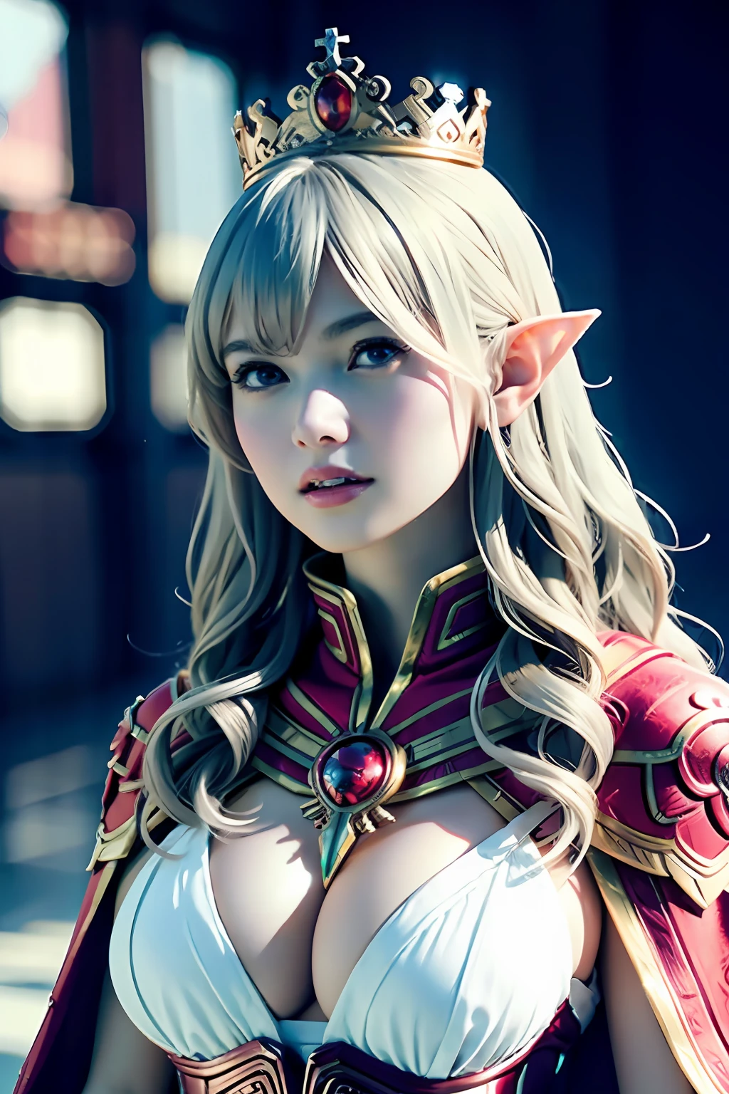 Ultra detailed complex 3D rendering of face, (huge breasts: 8.8), (masterpiece, top quality, octane rendering, 8K), glamour shot full body image, very beautiful young elf, cleavage, (very detailed skin: 1.2), (exposure: 1.1), beautiful Caucasian woman with white hair, full soft breasts and white skin with big buttocks, one, white micro bikini, long braided brown hair, big breasts, Dynamic angle, mystical expression,wearing intricate super armor of gold and silver, ultra-realistic photo ((((portrait))), wearing an intricate red cape, bare feet, futuristic city background, facial muscles, detailed and beautiful crown, beautiful weapons, in the style of Marvel Comics, ArtStation trends, clear focus, studio photography, intricate details, very detailed, detailed red eyes, illustration, very detailed, sharp focus, digital rendering, professional-abs