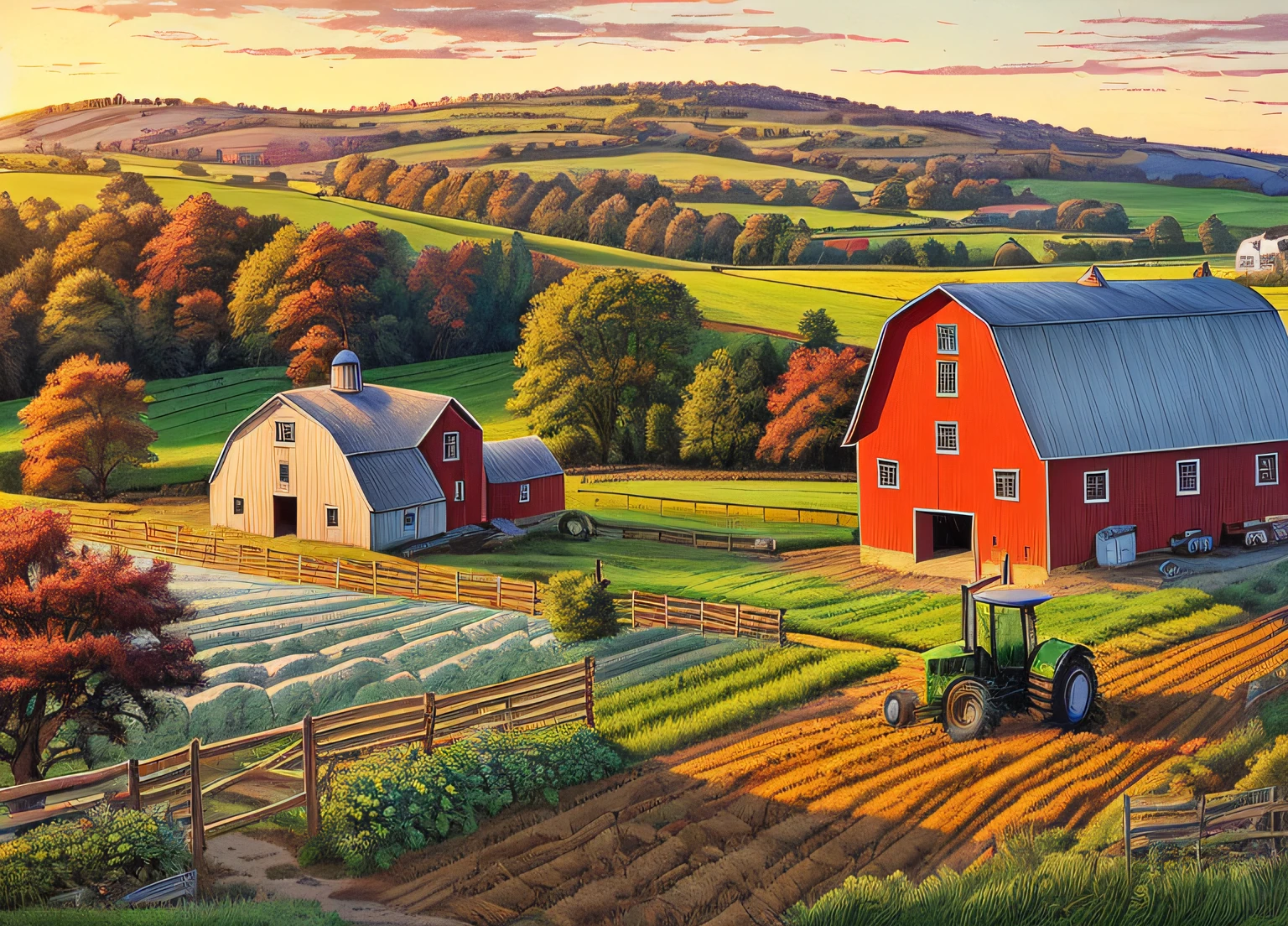 high quality comic of a farm with a tractor and farm buildings, rural splendor, country landscape, scenery artwork, scenery art detailed, countryside city scene, beautiful high resolution, colorful scene, next to a red barn, detailed scenery —width 672, rich picturesque colors, next to a farm house and a barn by artist john sloane