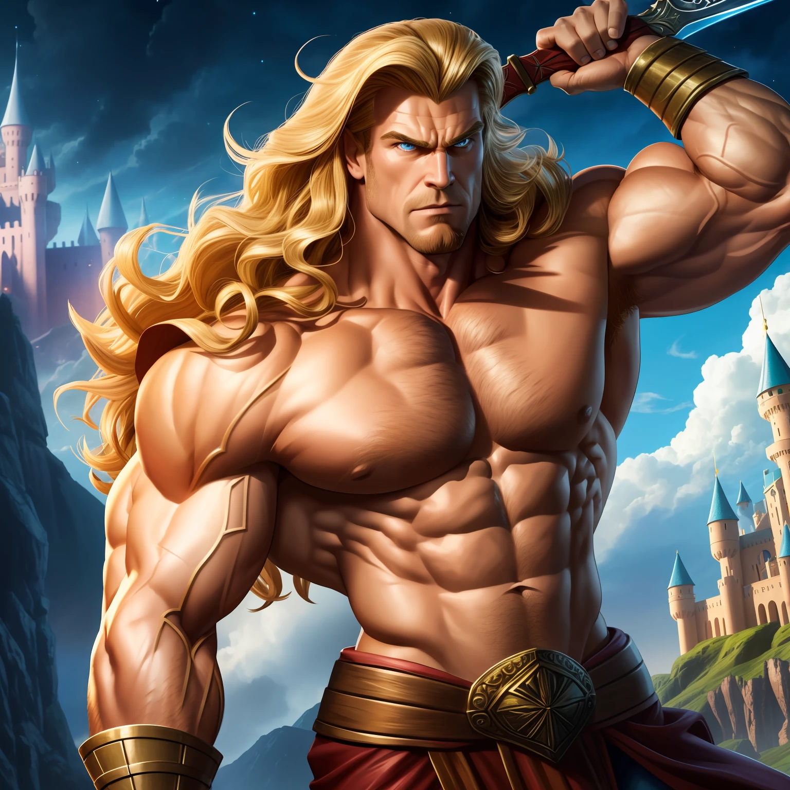 depth of field, photorealistic, 4k, high detailed , full body in frame, he-man, (detailed handsome face and wavy blonde hair, large thick muscles, strong jaw, defined eyes, defined mouth, defined nose, strong muscular neck), holding his power sword, magical sky, tall fantasy buildings in the background, castle greyskull