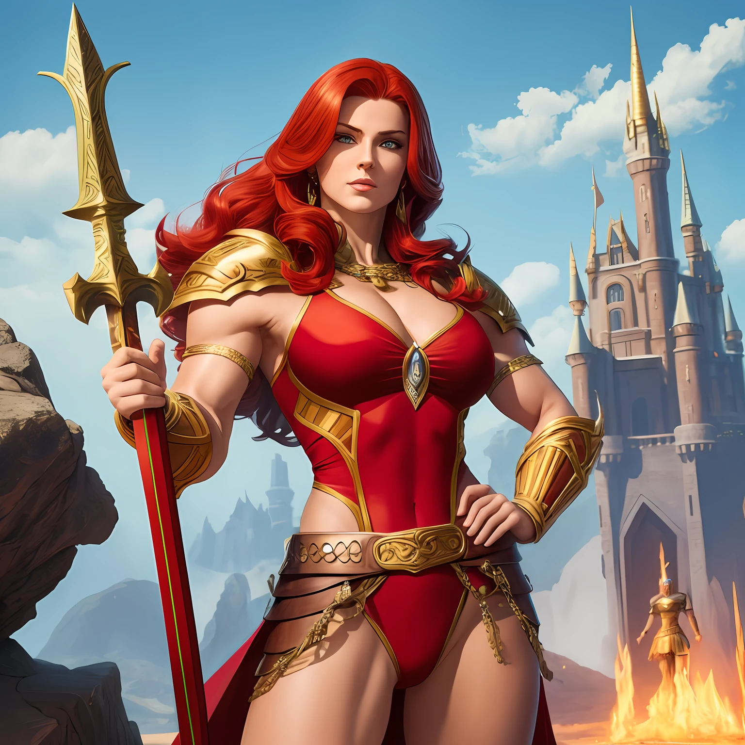 depth of field, photorealistic, 4k, high detailed , full body in frame, teela (a beautiful woman with red hair, handsome, detailed face, strong jaw,defined eyes and mouth,defined nose, athletic and sexy body, white and gold one-piece armor), standing in eternia holding magic swords, magical sky, tall fantasy buildings in the background, castle greyskull