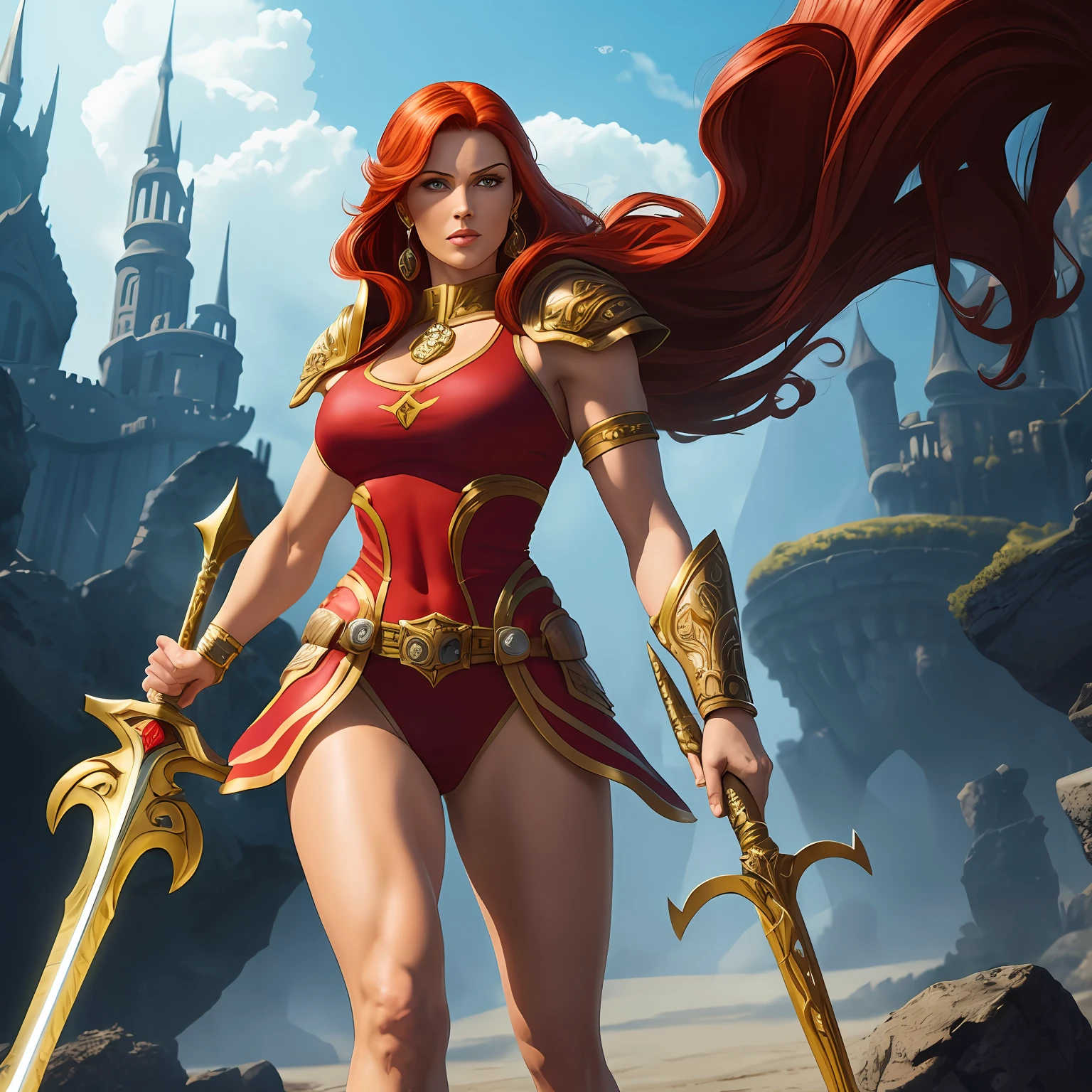 depth of field, photorealistic, 4k, high detailed , full body in frame, teela (a beautiful woman with red hair, handsome, detailed face, strong jaw,defined eyes and mouth,defined nose, athletic and sexy body, white and gold one-piece armor), standing in eternia holding magic swords, magical sky, tall fantasy buildings in the background, castle greyskull