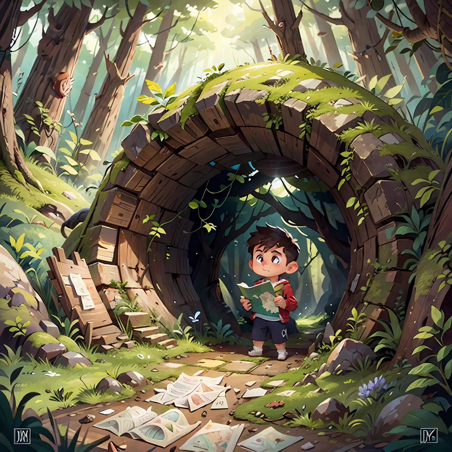 a boy wearing a red sweatshirt and white lining holds a map, looking into a hidden cave in the middle of the forest