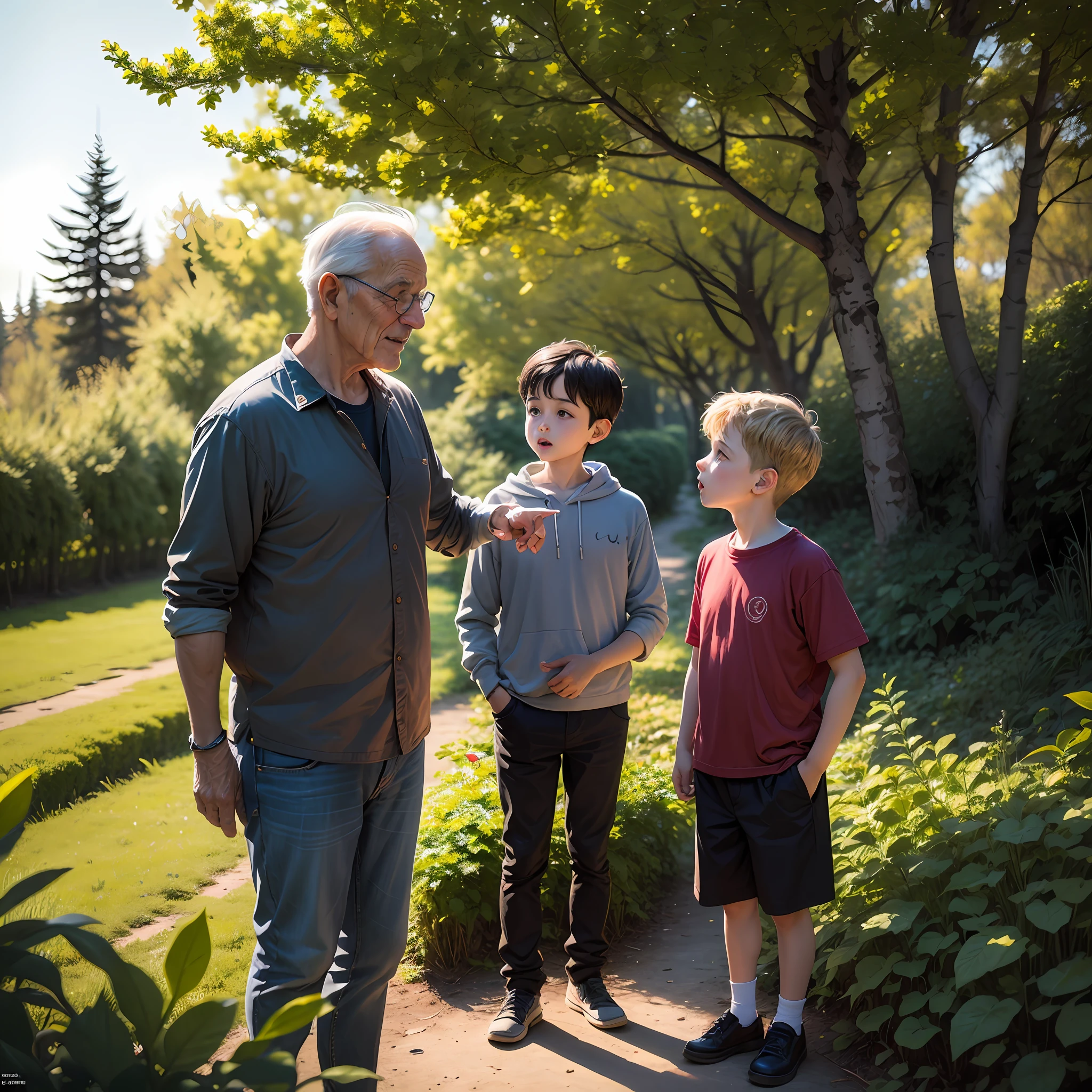 A grandfather talking to his 5-year-old grandson place with trees --auto