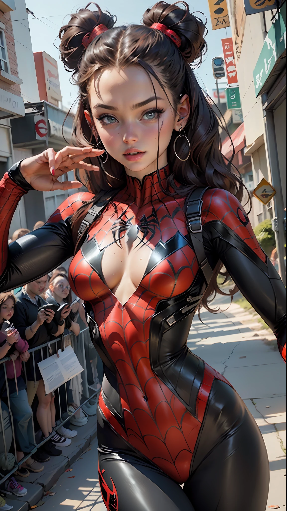 Beautiful woman detailed defined body using spider man cosplay, small breasts