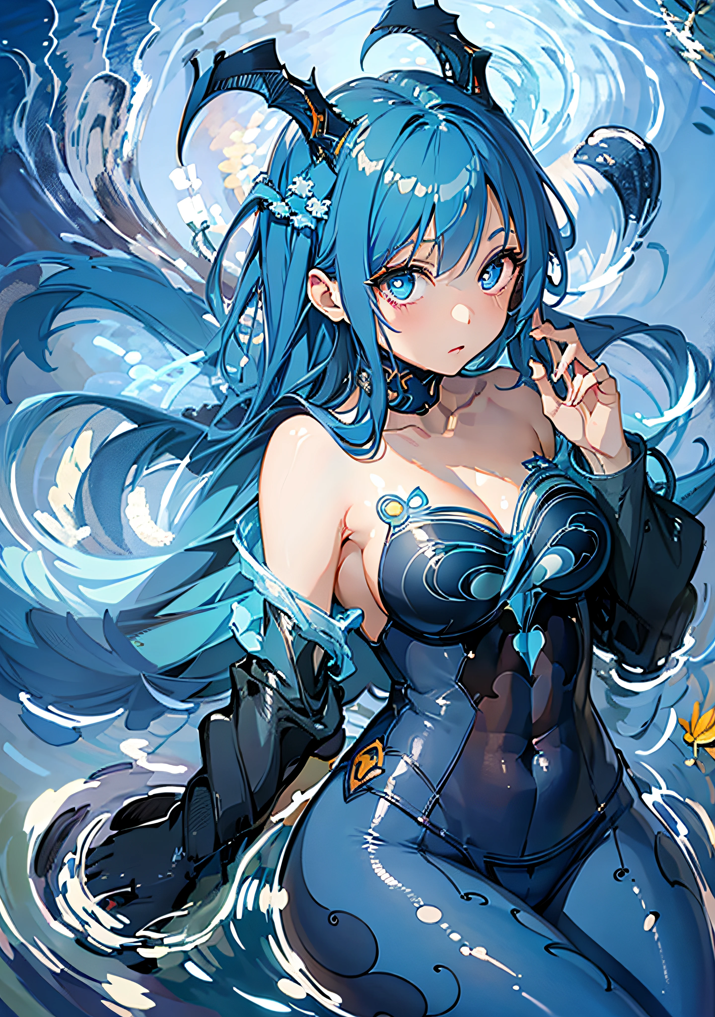 Best Quality, anime illustration, Digital Painting, Bonanus, lying, 1girl, long blue hair, Horns, blue eyes, Bodysuit, bare shoulders, cleavage, finely detailed background, amazing background, big eyes, quiet look, under water, skinny body, little chest, Blue hair, ((leggins)), ((pantyhouse))