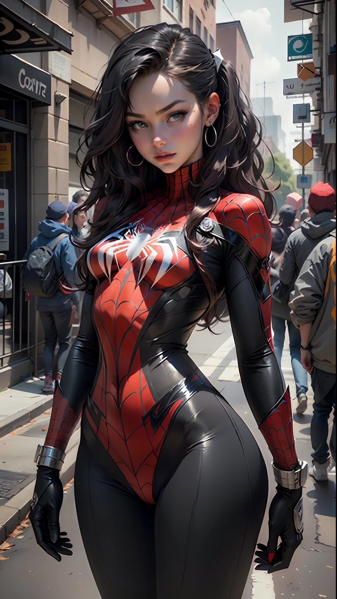 Beautiful woman detailed defined body using spider man cosplay, small breasts
