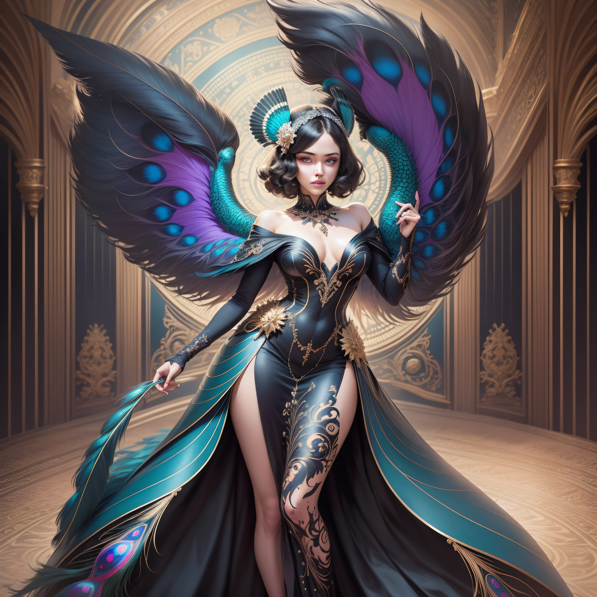 Full body photo of a fantastic woman in a fantastic couture dress made with peacock feathers, background preto fosco, fundo preto fosco, ((bokeh claro)), intrincado, (delicado), elegante, sharp foc, Foto tirada por Greg Rutkowski, gentle illumination, cores vibrantes, (obra-prima), ((jardim)), (rosto detalhado:1.1), eye iris