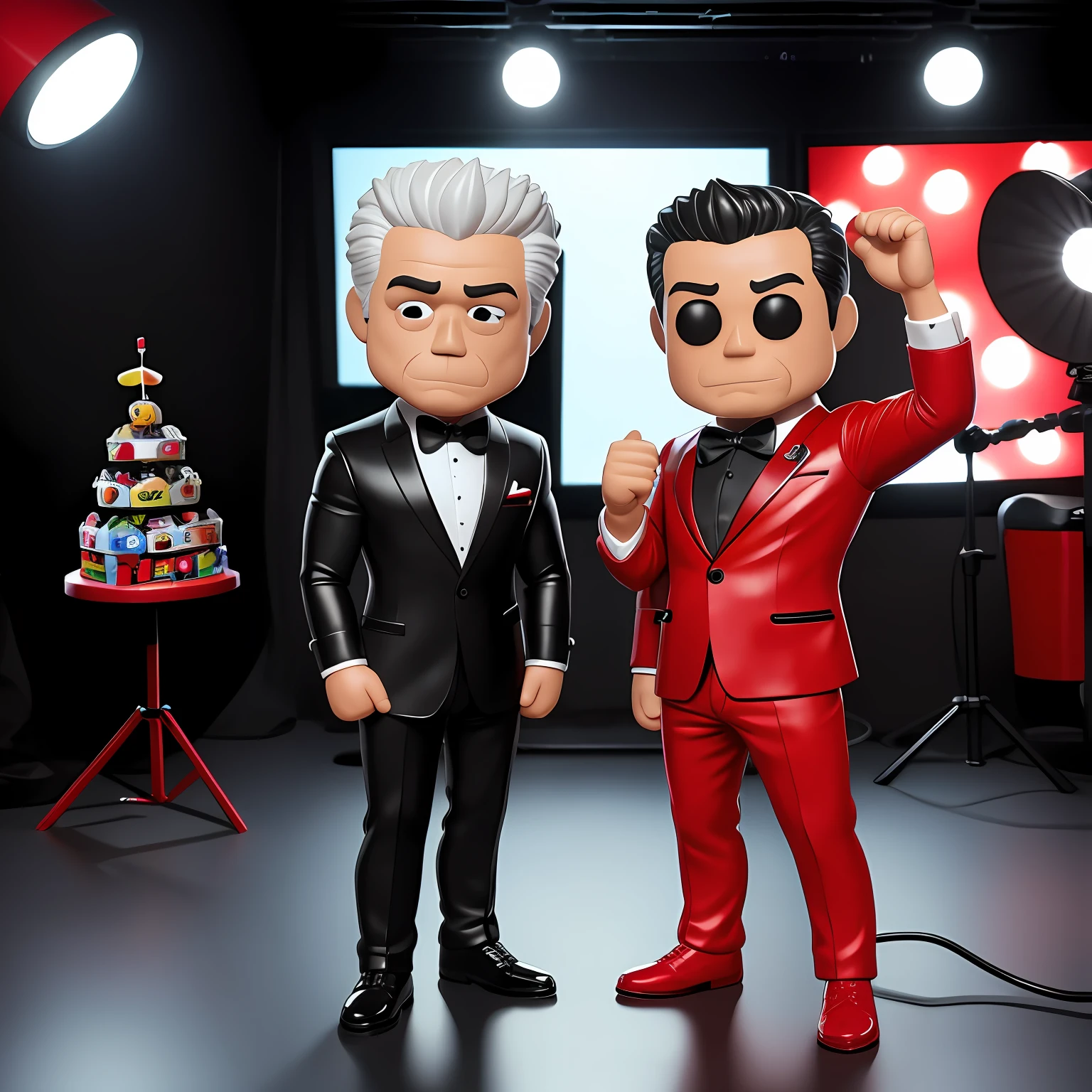 Funko pop style toy based on giggle gorilla, photorealistic 4k, full body, funko eyes, man,  Bruce Buffer, suite with red bow tie, micriohone on his hand,studio lighting, studio light --auto