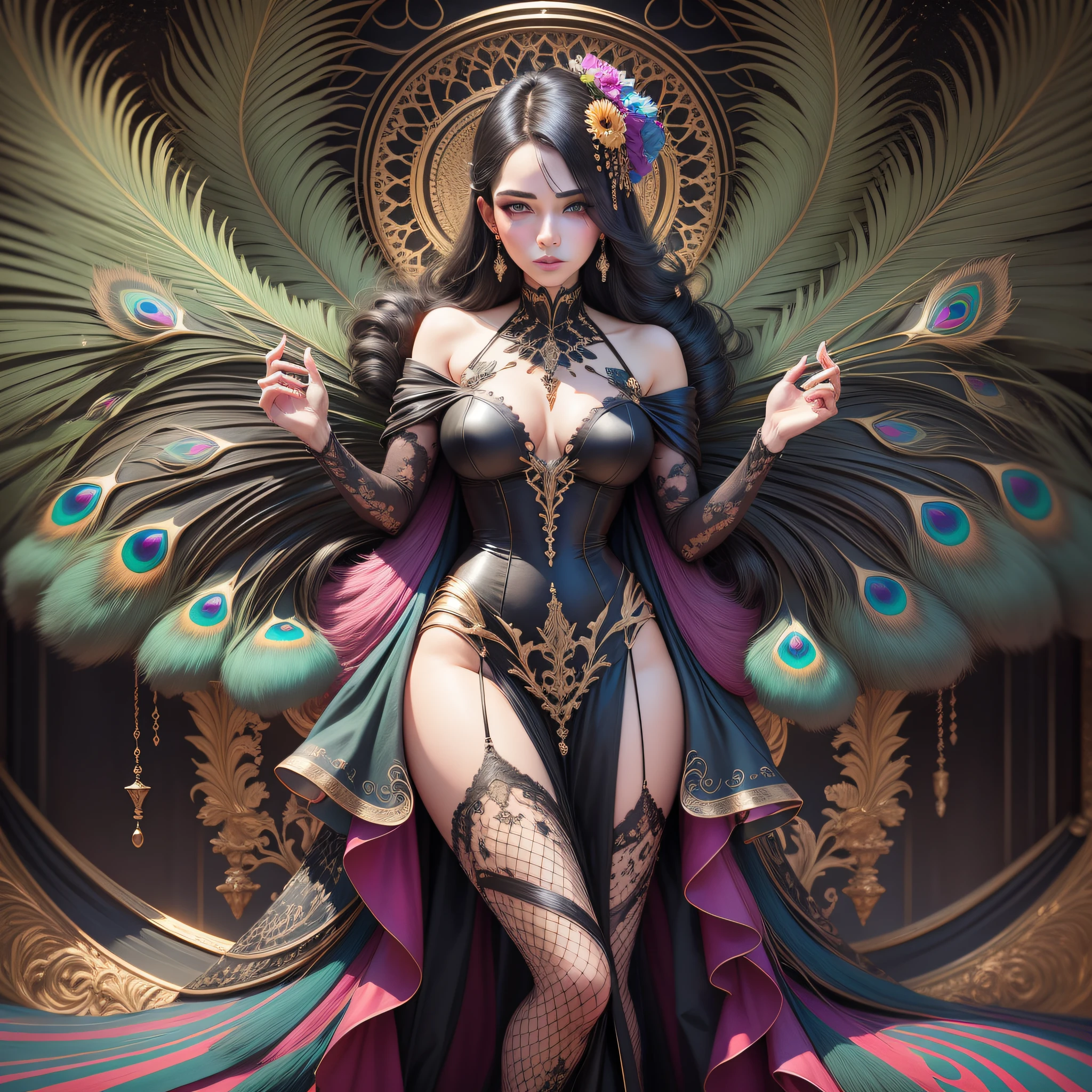 Full body photo of a fantastic woman in a fantastic couture dress made with peacock feathers, background preto fosco, fundo preto fosco, ((bokeh claro)), intrincado, (delicado), elegante, sharp foc, Foto tirada por Greg Rutkowski, gentle illumination, cores vibrantes, (obra-prima), ((jardim)), (rosto detalhado:1.1), eye iris