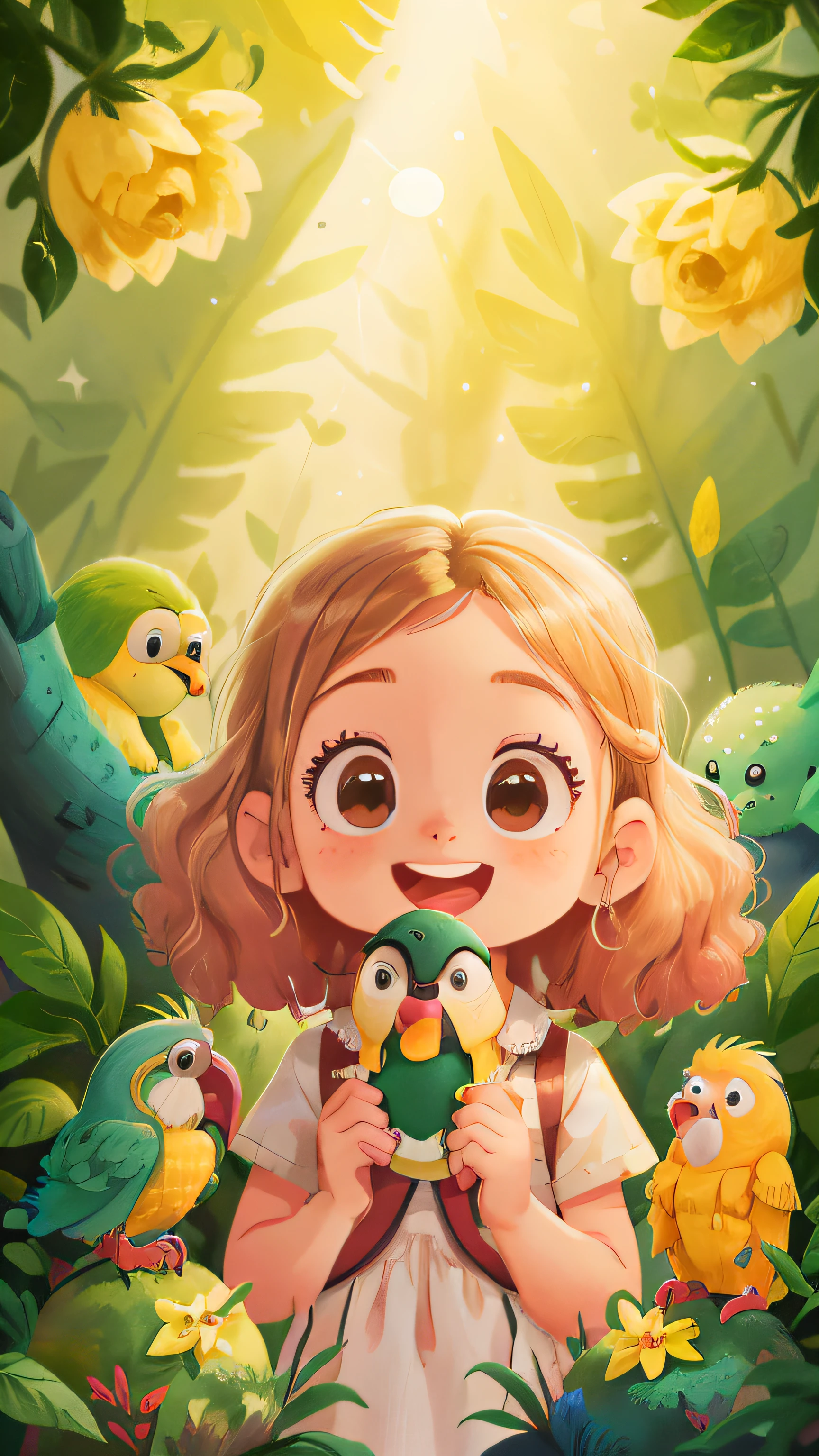 Very curly blonde girl, 5-year-old, with a green parrot, happy, happy, perfect quality, clear focus, (Masterpiece: 2.1) (Realistic: 1.2) (Bokeh) (Best quality) (Detailed skin: 1.3) (Intricate details) (8K) (Detail eyes) (Sharp focus) 2.1