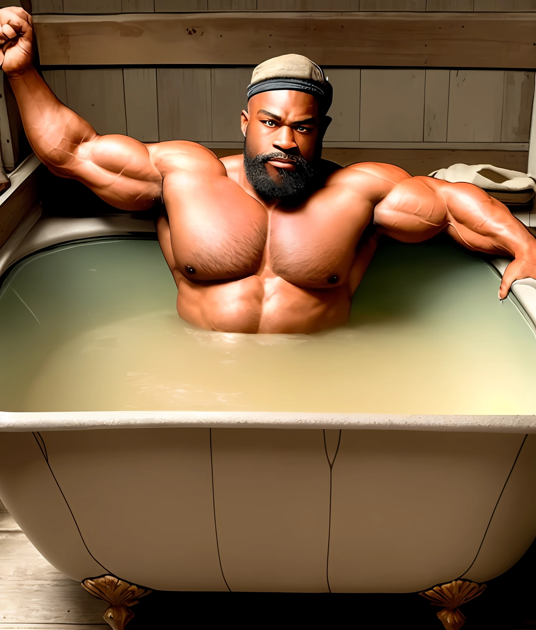 there is a man that is sitting in a tub with a beard, large muscles, black man, African, buff man, big muscles, walter white as a bodybuilder, gigachad muscular, bathhouse, extreme muscles, huge muscles, big muscle, mr universe, flexing large muscles, muscular!, massive muscles, popeye, robust stocky body, muscular!!, Realistic hands