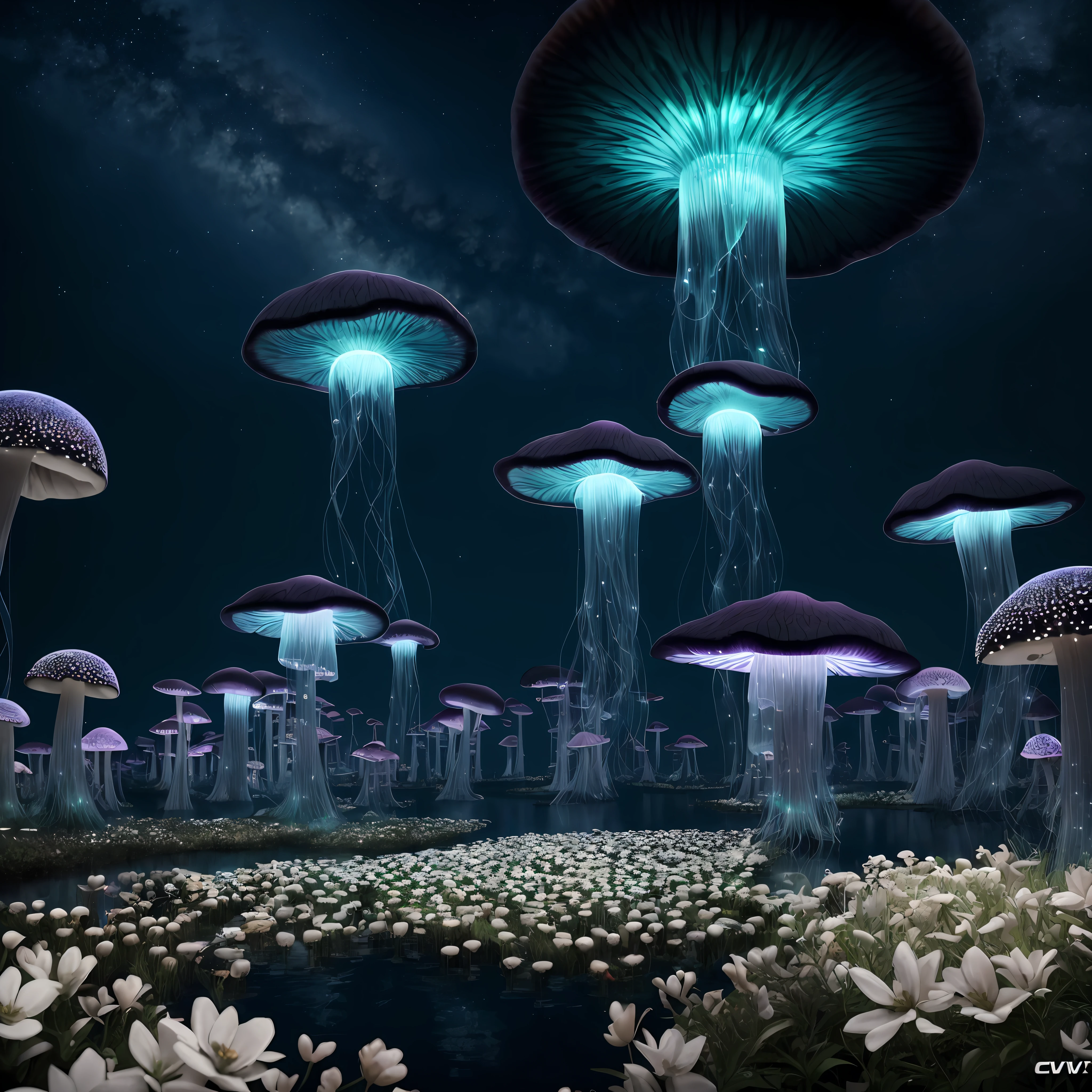 The world of mushrooms is my home. A realistic detail of a virtual glowing bioluminescent mushroom mega cities inside a floating jellyfish in the dark sea, Metropolis in the dark at night is like a spiritual journey through a forest of white flowers, cosmico, celestial, raios deus, detalhe ornamentado, cinemactic, profissional, obra-prima, encomendado, melhor qualidade, cor corrigida, fixado no post, CHV3SSciFi, CHV3SUrban, CHV3SWorld, CHV3SMacro, CHV3SDark --auto