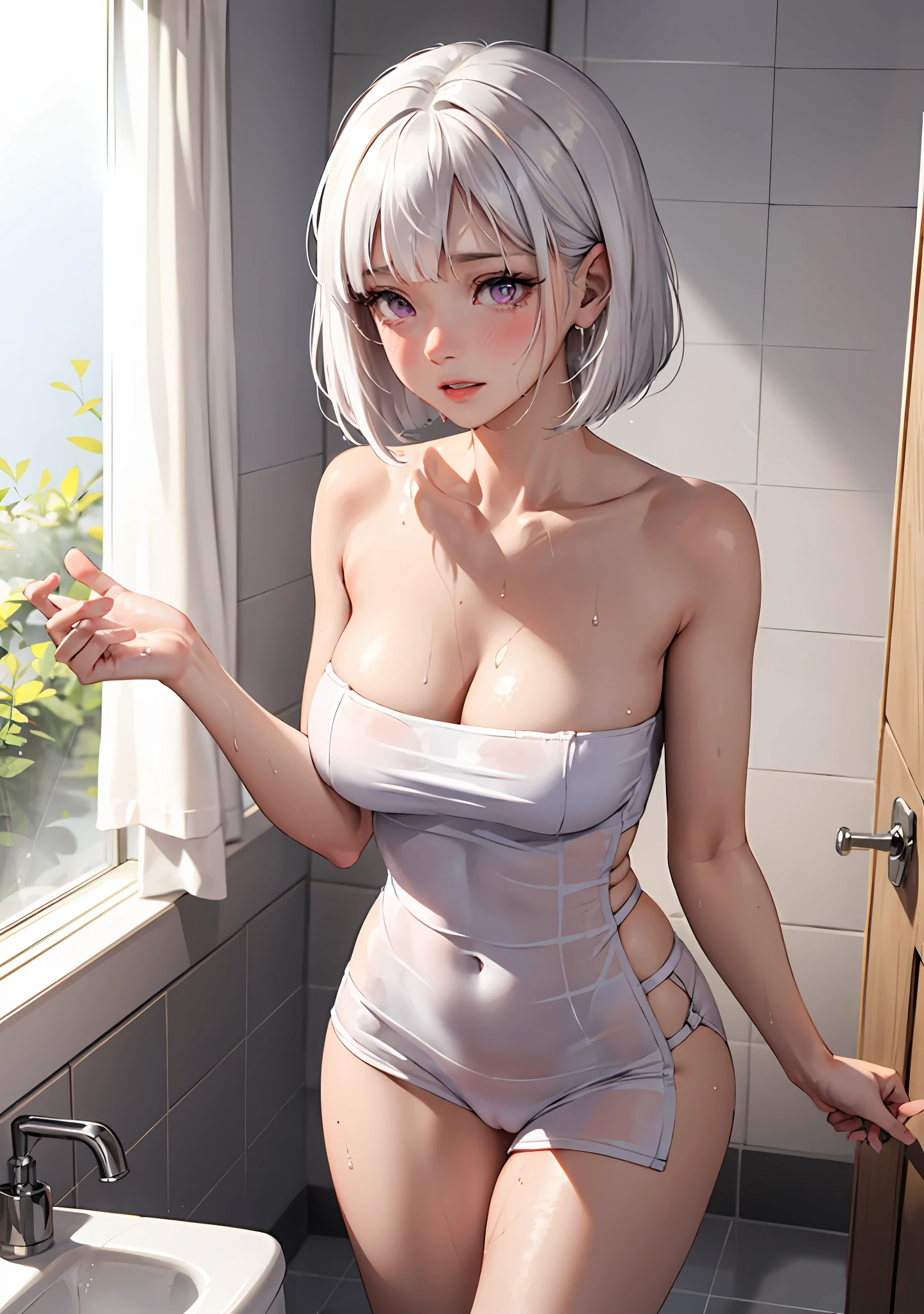 Point of view, 1girl, white hair, purple eyes, bob cut, messy hair, average breasts, blush, embarrassed, glow, thighs, bare shoulders, collarbone, narrow waist, cleavage, (masterpiece), bathroom, after shower,wet, (towel), wet towel, see-through, (areolas), poking through, (camel toe), slip,