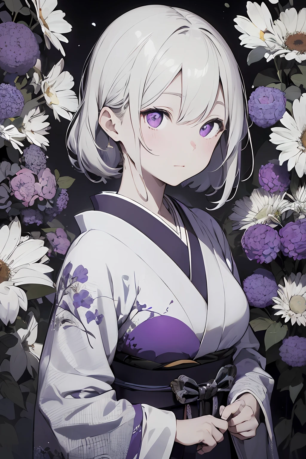 {{{{masterpiece}}}}, {{{hyper detailed}}}, {{{highres}}}, {{good anatomy}}, (((best quality))), ((an extremely delicate and beautiful)), {{an extremely detailed and delicate}}, {8k cg wallpaper}, {{illustration}}, ((greyscale with colored background)), ray tracing, bokeh, 1girl, solo, detailed face, (purple eyes:1.2), (((medium breasts))), (japenese clothes:1.5), (purple flowers:1.2), hiten1,
