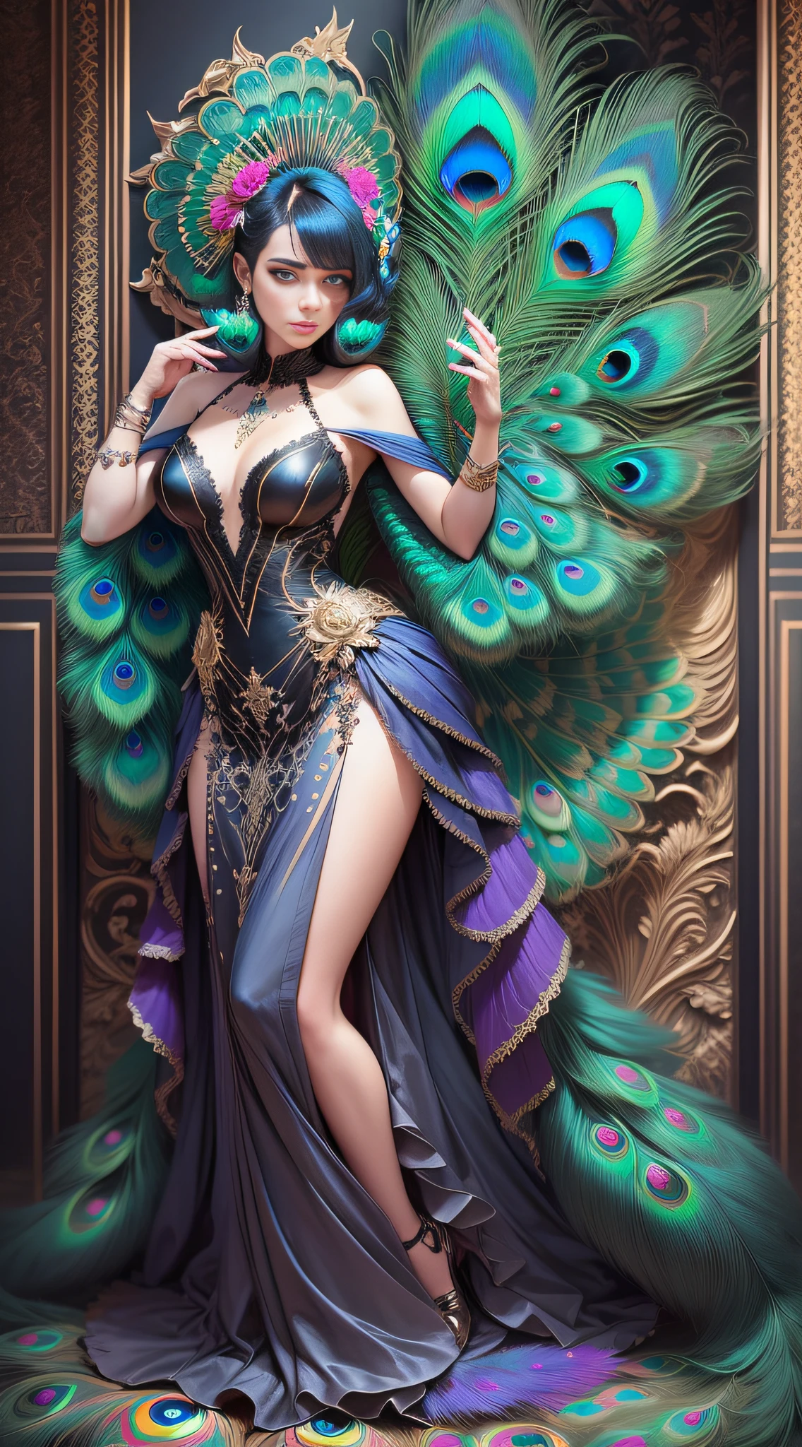Full body photo of a fantastic woman in a fantastic couture dress made with peacock feathers, peacock, peacock, background preto fosco, fundo preto fosco, ((bokeh claro)), intrincado, (delicado), elegante, Fogo afiado, Foto tirada por Greg Rutkowski, soft ilumination, cores vibrantes, (obra-prima), ((jardim)), (rosto detalhado:1.1), eye iris, feathers of peacock, peacock feathers,