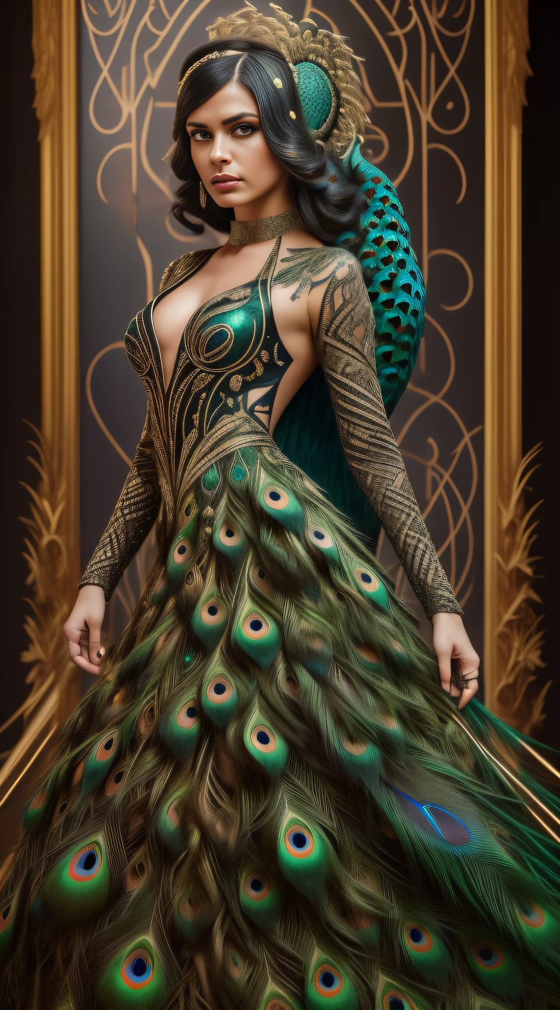 Full body photo of a fantastic woman in a fantastic couture dress made with peacock feathers, brilhante, reluzente, iridescente, furtacor, iridescente, background preto fosco, fundo preto fosco, ((bokeh claro)), intrincado, (delicado), elegante, Fogo afiado, Foto tirada por Greg Rutkowski, soft ilumination, cores vibrantes, (obra-prima), ((jardim)), (rosto detalhado:1.1), eye iris, peacock feathers, peacock feathers,