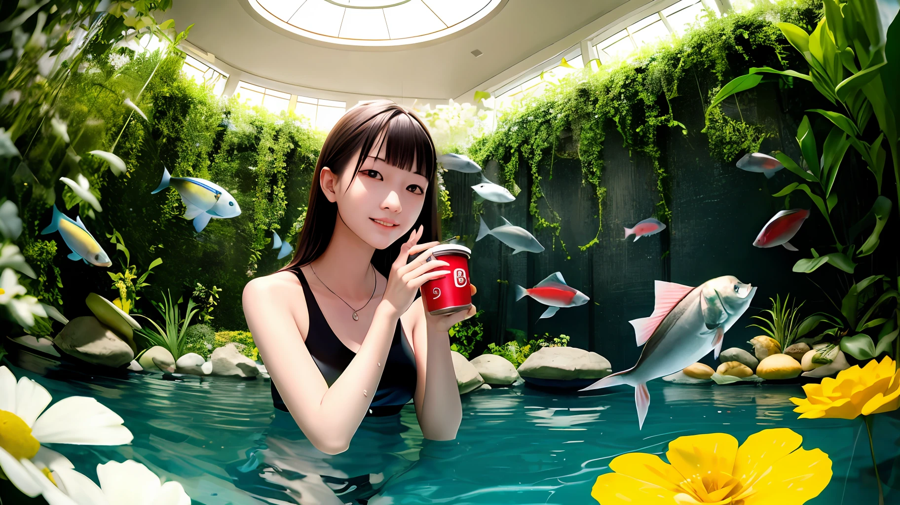​masterpiece、(Photorealsitic:1.4)、top-quality、beautiful  lighting、(ulzzang-6500:0.5)、Makima \(chain saw man\)、(Bob hair)+(A dark-haired)+(bangss)、blue eyess、blue eyess、laugh、((Ring-shaped eyes))、RAW Photography、8k UHD、film grains、Beautiful pond surrounded by plants and flowers、Girl swims、Large fish、Big burger、Scattered cola、drunkard、Expressionism、真实感、modern fine art、fish-eye lens、35mm、Canon、UHD、​masterpiece、ccurate、super detailing、Award-winning、High Details、hight resolution、8K