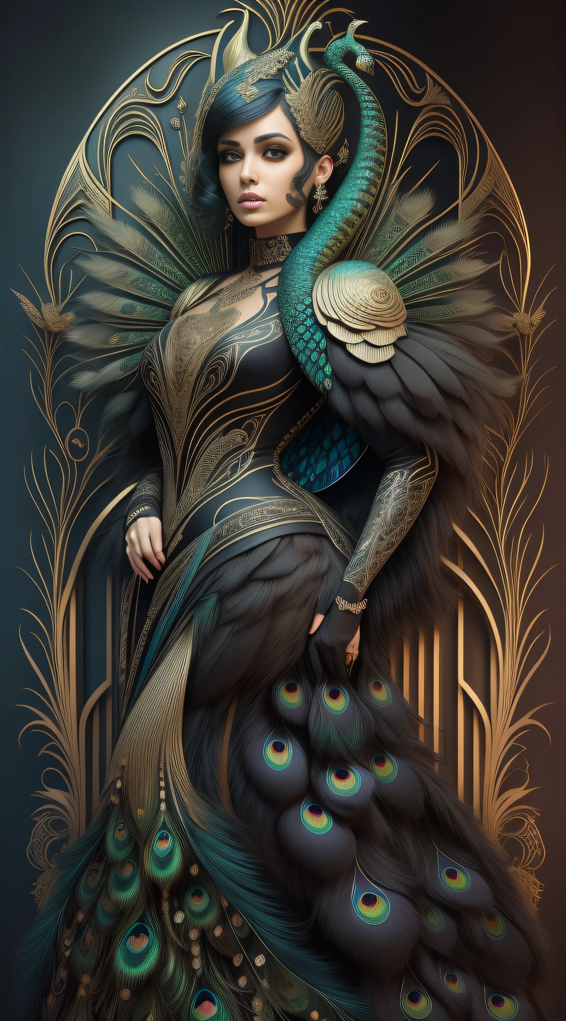 Full body photo of a fantastic woman in a fantastic couture dress made with peacock feathers, metalic, metal, refletive, brilhante, reluzente, iridescente, furtacor, iridescente, background preto fosco, fundo preto fosco, ((bokeh claro)), intrincado, (delicado), elegante, Fogo afiado, Foto tirada por Greg Rutkowski, soft ilumination, cores vibrantes, (obra-prima), ((jardim)), (rosto detalhado:1.1), eye iris, peacock feathers, peacock feathers,