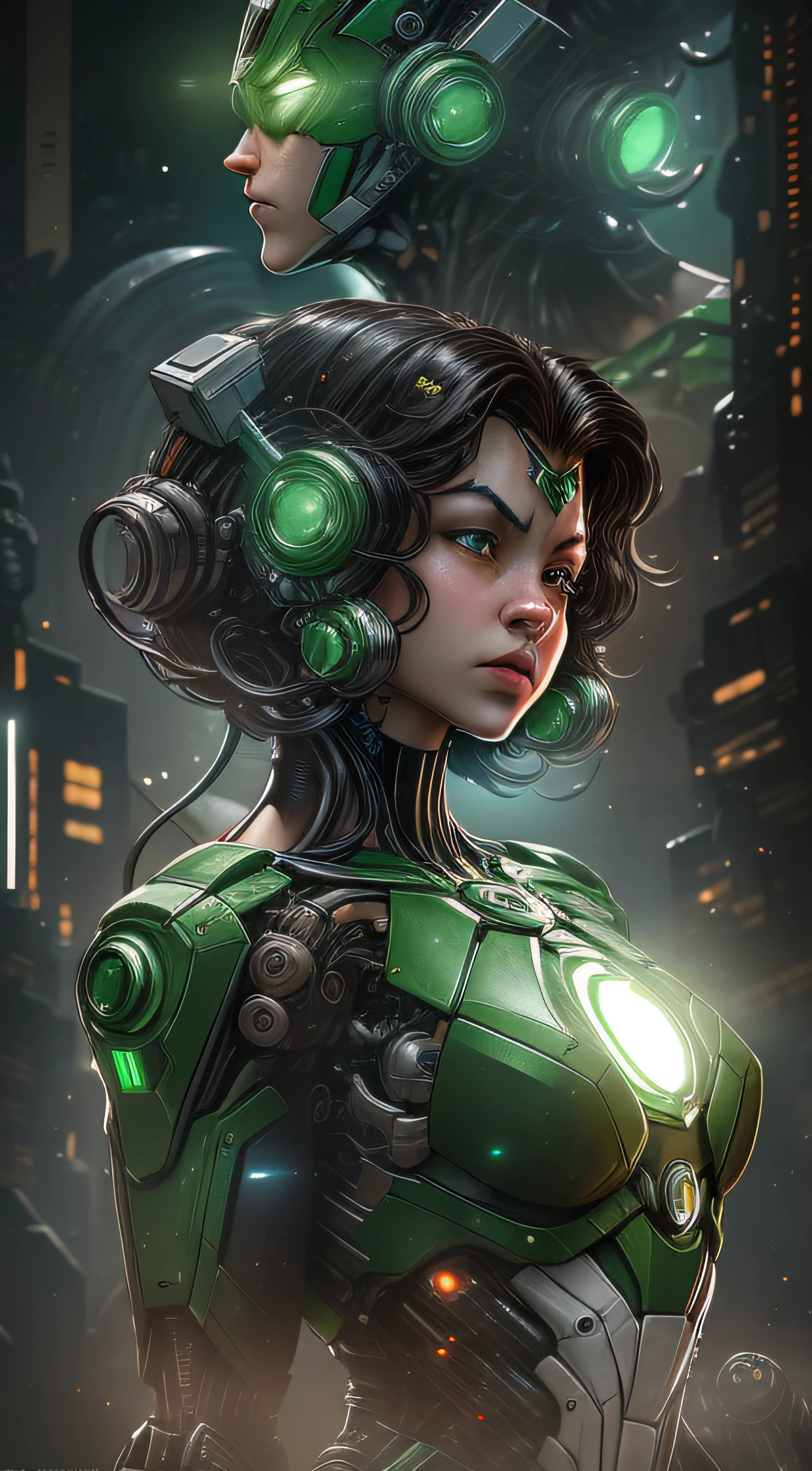 Green Lantern from DC photography, biomechanical, complex robot, full growth, hyper-realistic, insane small details, extremely clean lines, cyberpunk aesthetic, a masterpiece featured at Zbrush Central