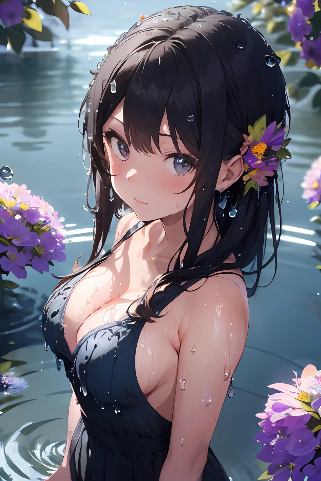 nsfw, masterpiece, hyper detailed, highres, good anatomy, (((best quality))), ((an extremely delicate and beautiful)), {{an extremely detailed and delicate}}, {8k cg wallpaper}, illustration, (greyscale with colored background:1.1), ray tracing, bokeh, (colorful flowers:1.8), water, (water drop:1.8), (ripples:1.3), (reflection:1.1), (light particles:1.5), chromatic aberration, from above, upper body, (mature female), 1girl, solo, standing, looking at viewer, wet, blush, medium breasts, (cleavage:1), hiten1,