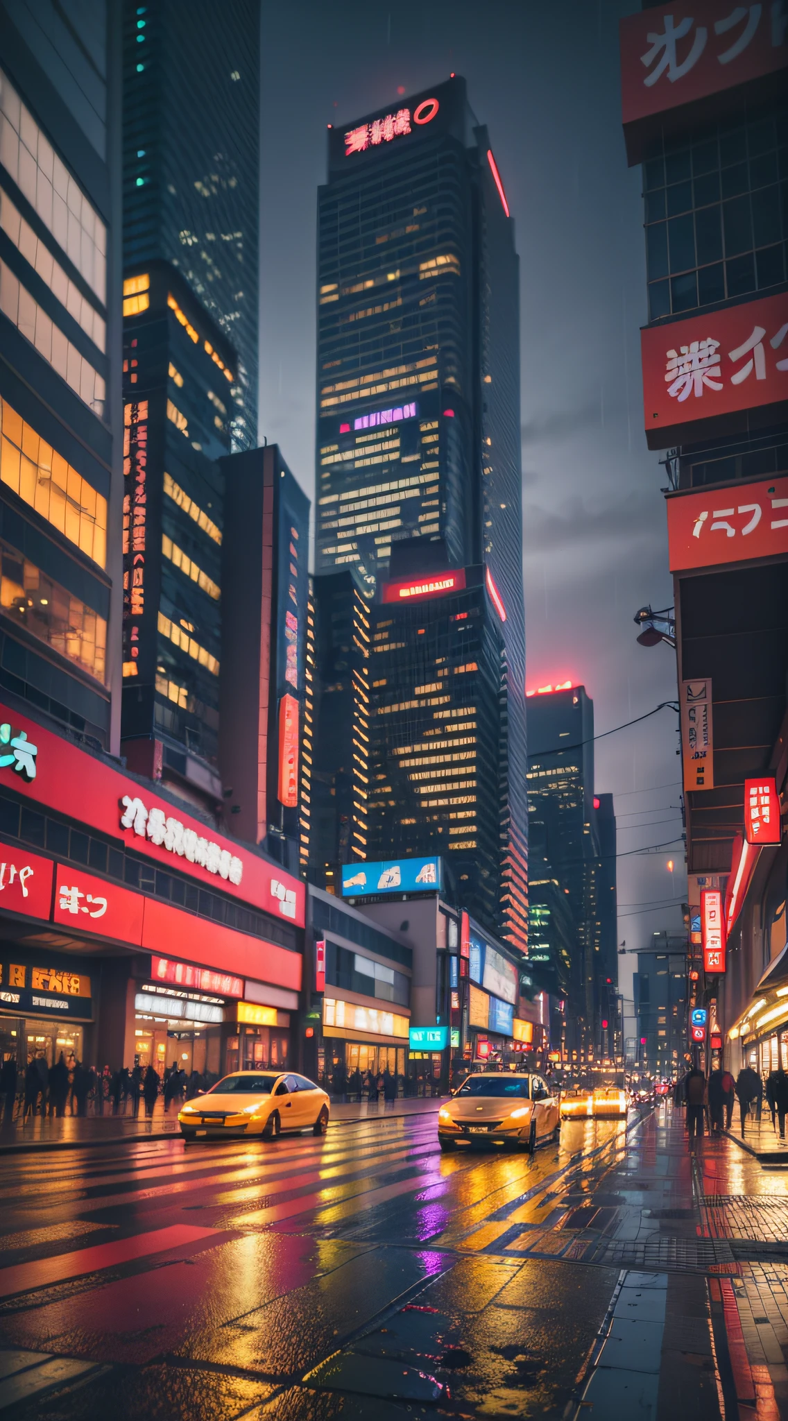 Grande avenida, Tokyo downtown, with heavy traffic on a wet night, obra-prima, Foto RAW, profundidade de campo, Bokeh, (frontlighting:1.2), (Backlighting:0.75), (luz de enchimento:0.9), Neons, chromatic aberration, (Reflexo da lente:1.2), 8k, real,