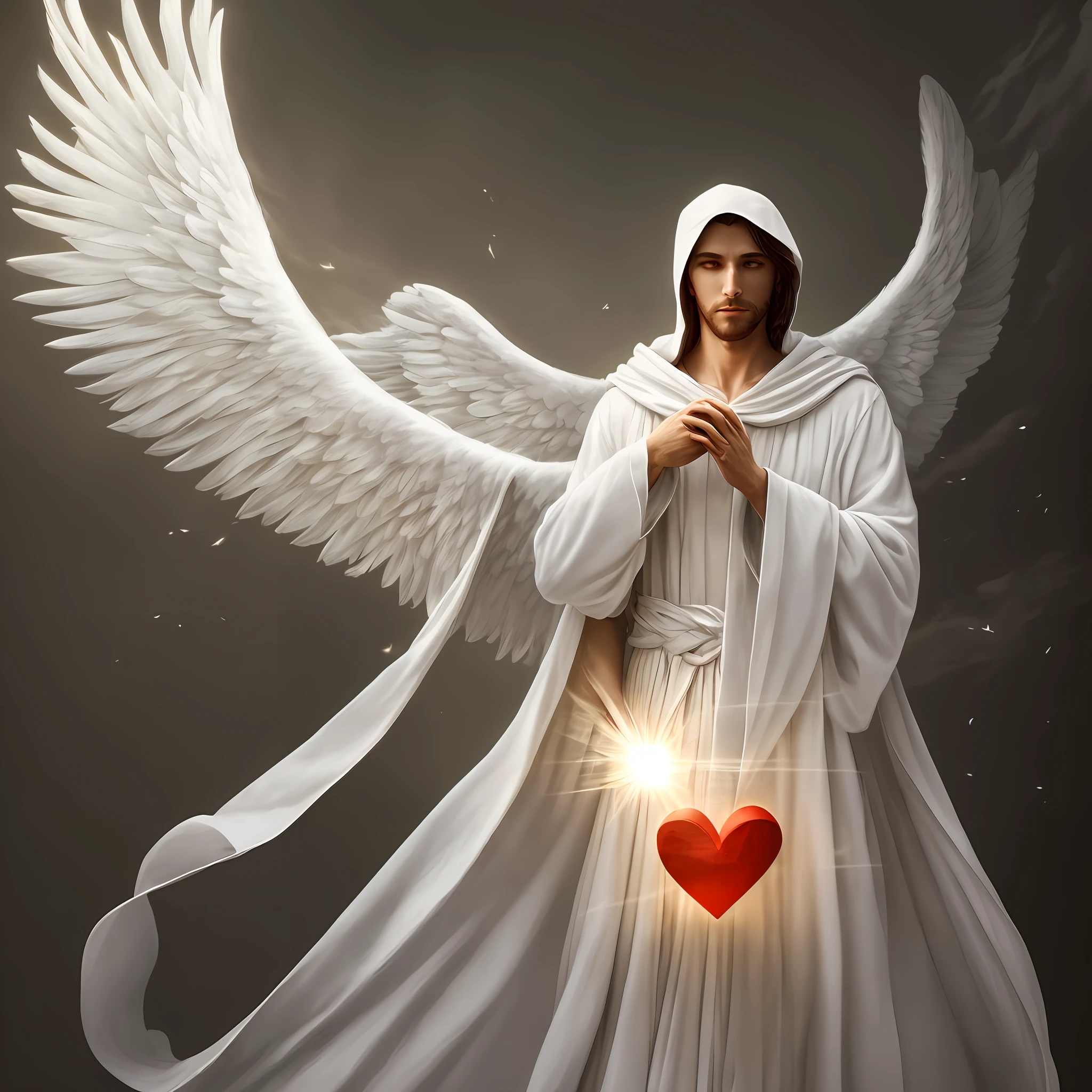 Make an angel with large white wings flying with the white robes covering the whole body and a light around him. In his hands a red heart, imagem hiperrealista --auto