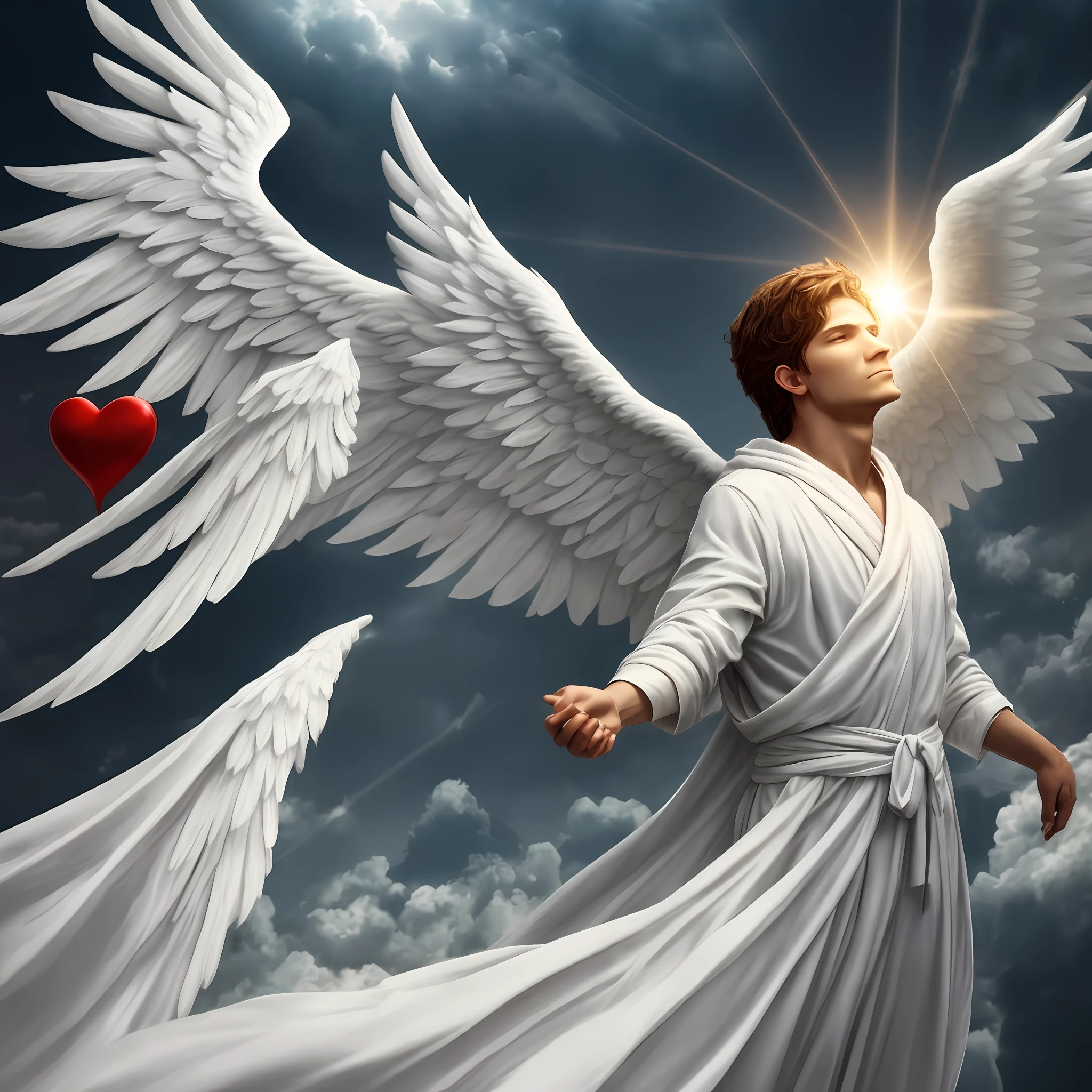 Make an angel with large white wings flying with the white robes covering the whole body and a light around him. In his hands a red heart, imagem hiperrealista --auto