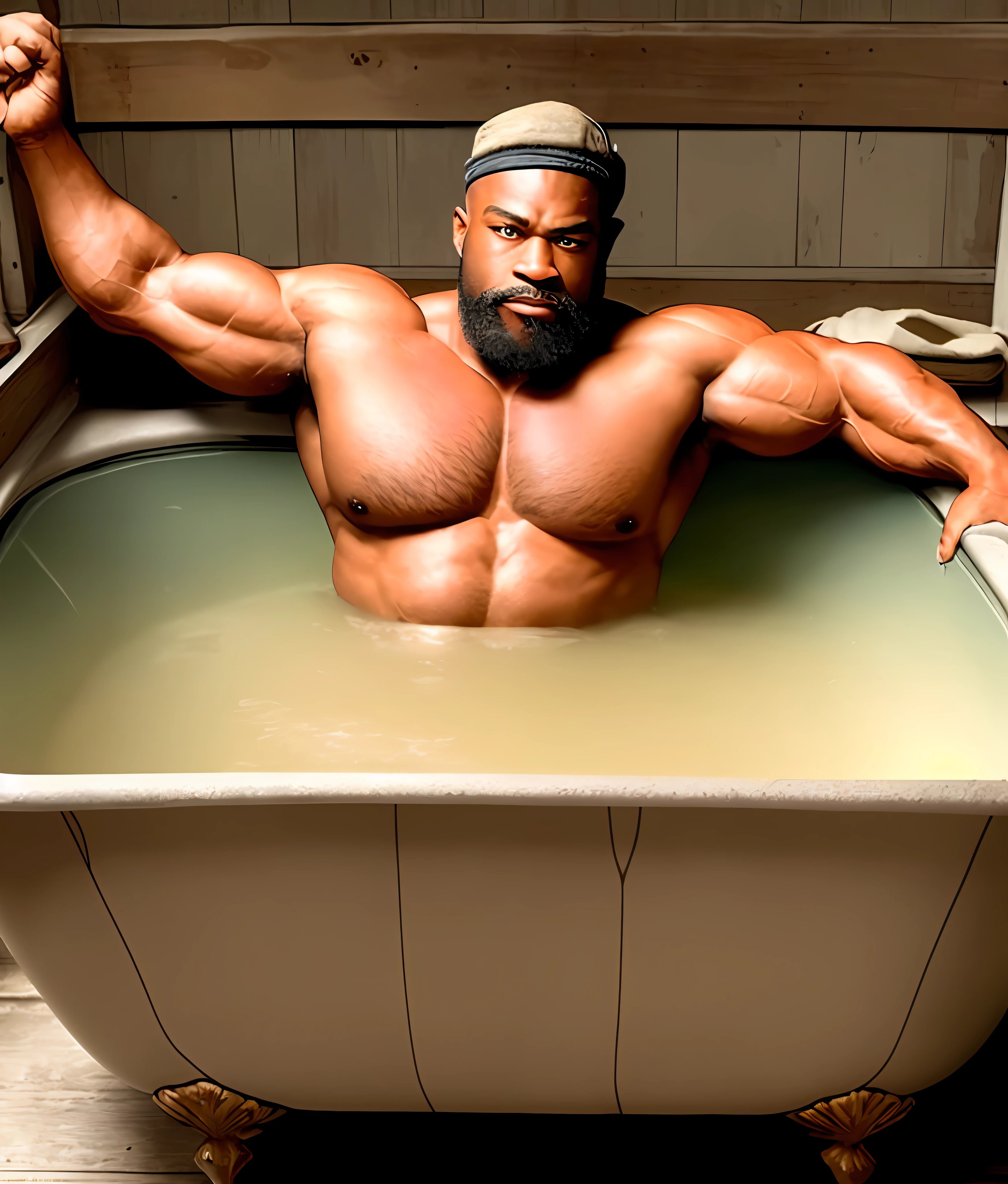 there is a man that is sitting in a tub with a beard, large muscles, black man, African, buff man, big muscles, walter white as a bodybuilder, gigachad muscular, bathhouse, extreme muscles, huge muscles, big muscle, mr universe, flexing large muscles, muscular!, massive muscles, popeye, robust stocky body, muscular!!, Realistic hands