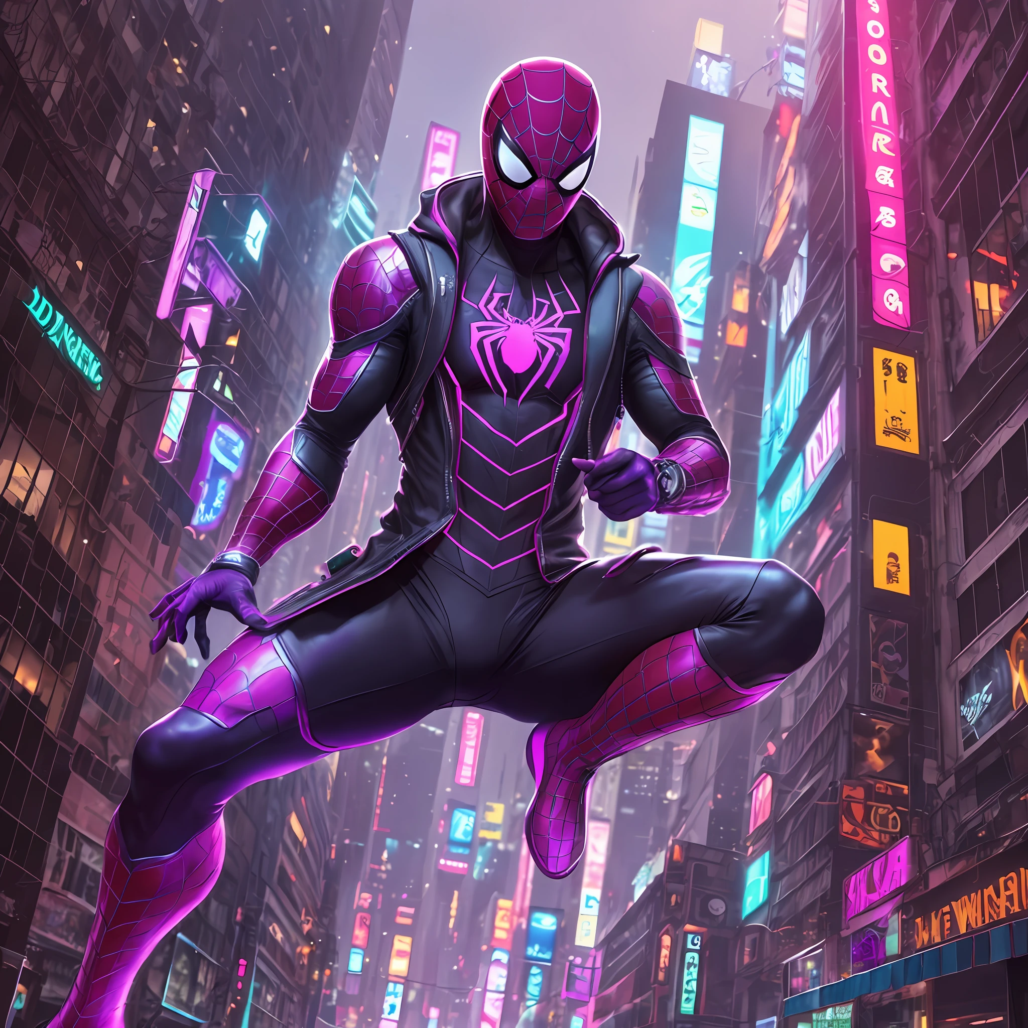 (8k, 8d, foto RAW, melhor qualidade, obra-prima: 1.2),Full body photo angle a beautiful cyberpunk city purple, a cyberpunk Spider man with a cyberpunk coat,neon light --auto --s2