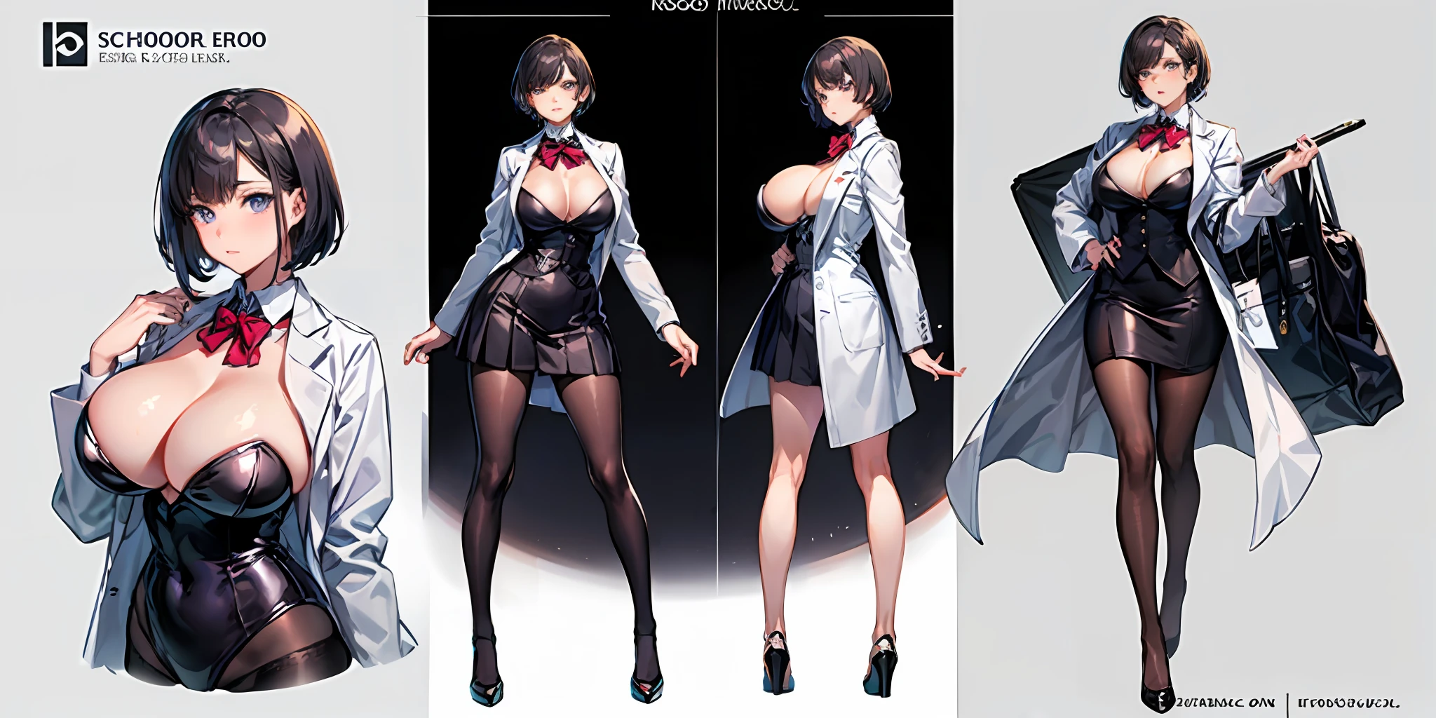 (masterpiece), best quality, expressive eyes, perfect face, 1girl, mature woman, purple short hair, school teacher, strict, huge breasts, cleavage, narrow waist, pensil skirt,wearing lab coat, full body, high heels, stockings