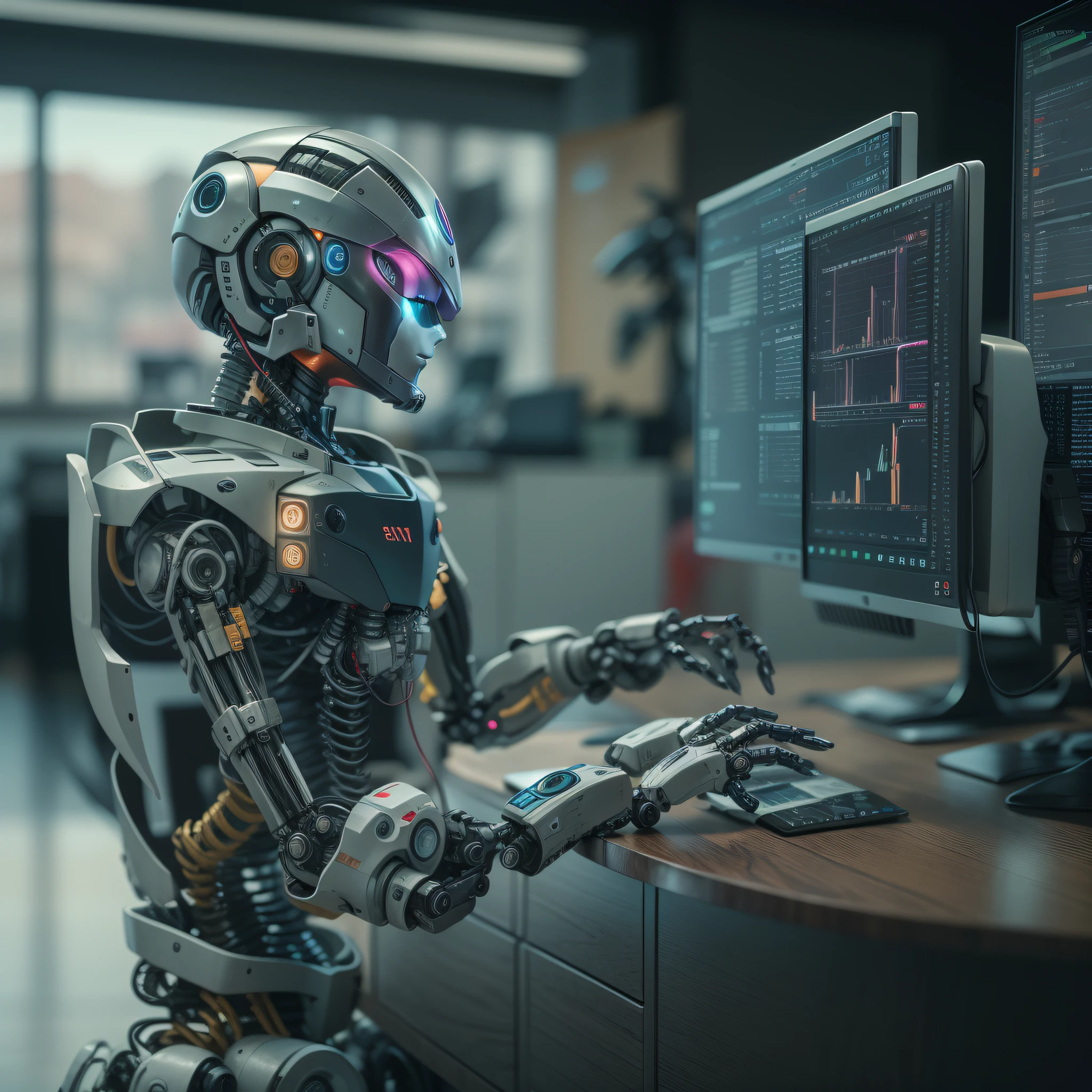 A robot in front of the computer making investments, qualidade 8k