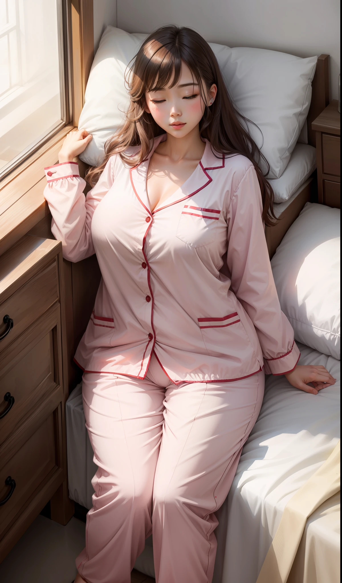 Sleeping girl,30 age old,realisticlying,She wore long trousers,Wearing pink pajamas,brown hair。Big breasts and plump