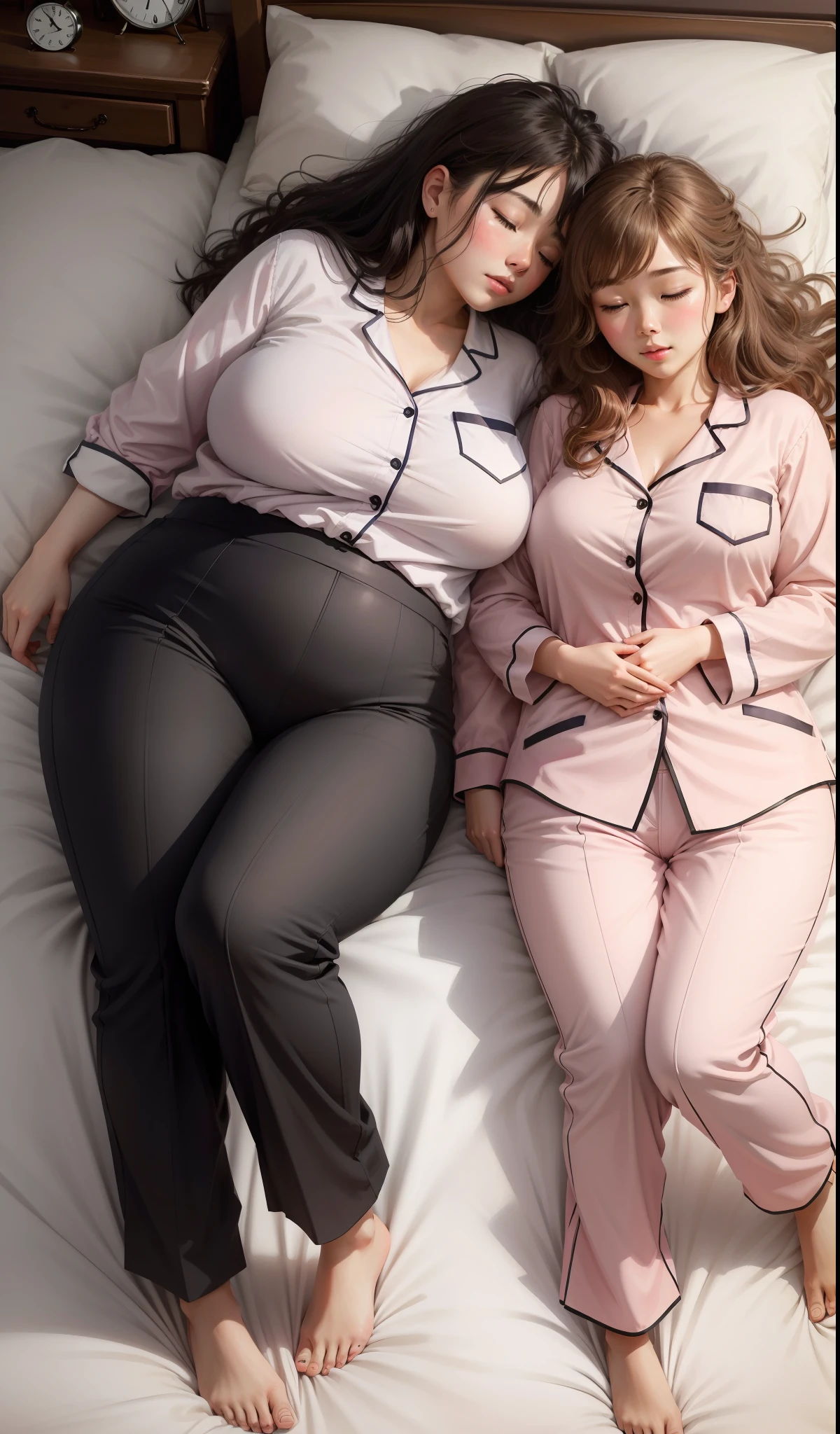 Sleeping girl,30 age old,realisticlying,She wore long trousers,Wearing pink pajamas,brown hair。Big breasts and plump