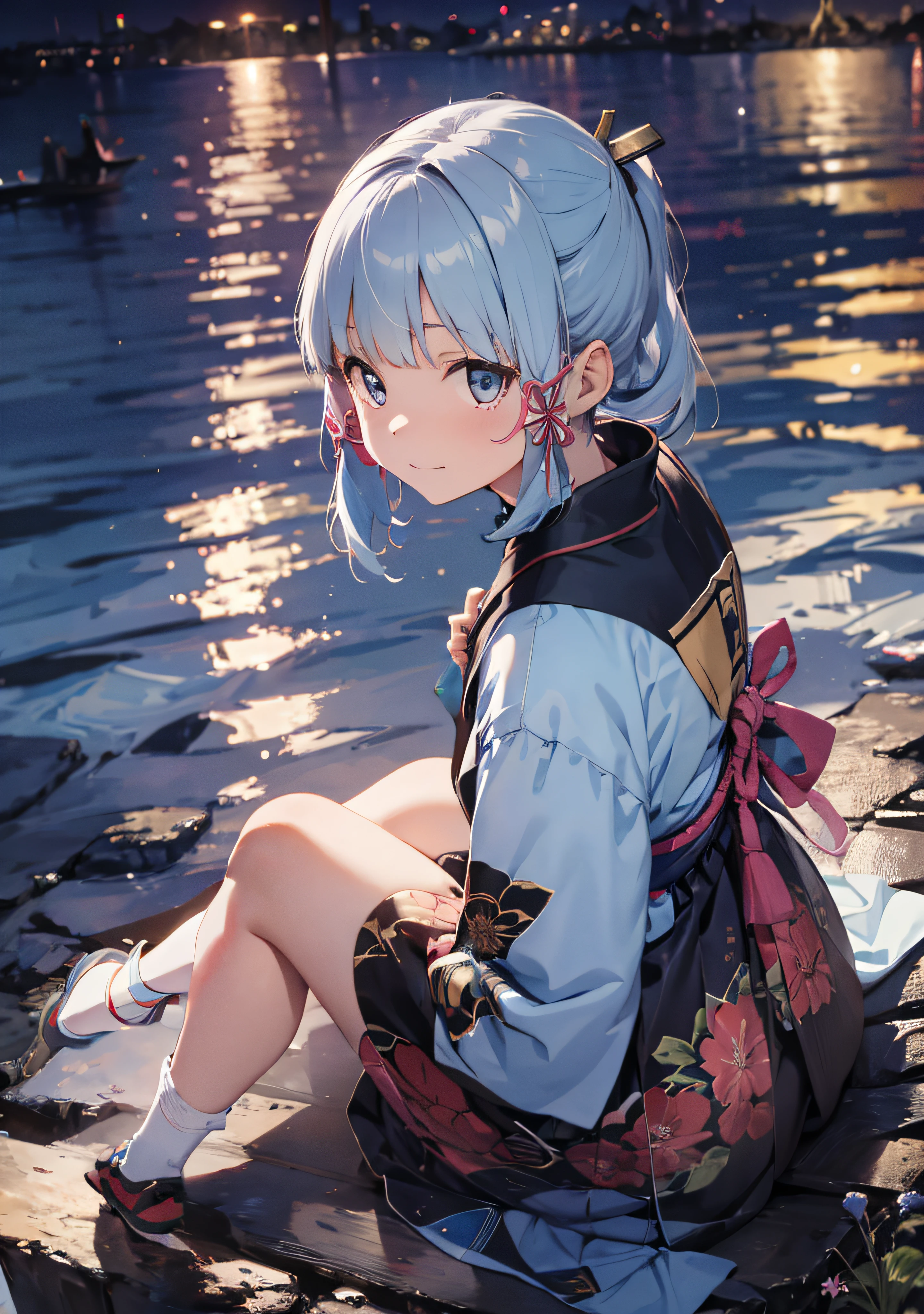 tmasterpiece, hight resolution, beste-Qualit, 1girl solo, kamisato_ayaka, sitting, From directly above, looking a viewer, slight smile, Tramp, the night, Blue hair