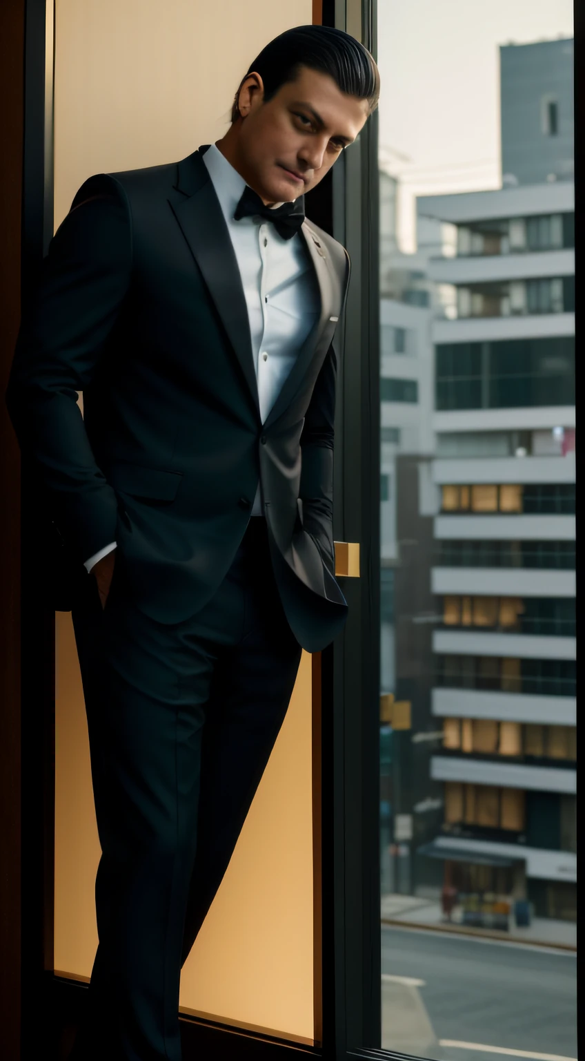 A full-length man leaning against a street window in a black Japanese business suit with gold accents staring out the window at dusk, intrincado, cinemactic, ultra realistic, hiper detalhado, 8k, gentle expressions, Beautiful, Estilo Greg Rutkowski e Borris Vallejo, (no watermark and signature), anatomia perfeita.