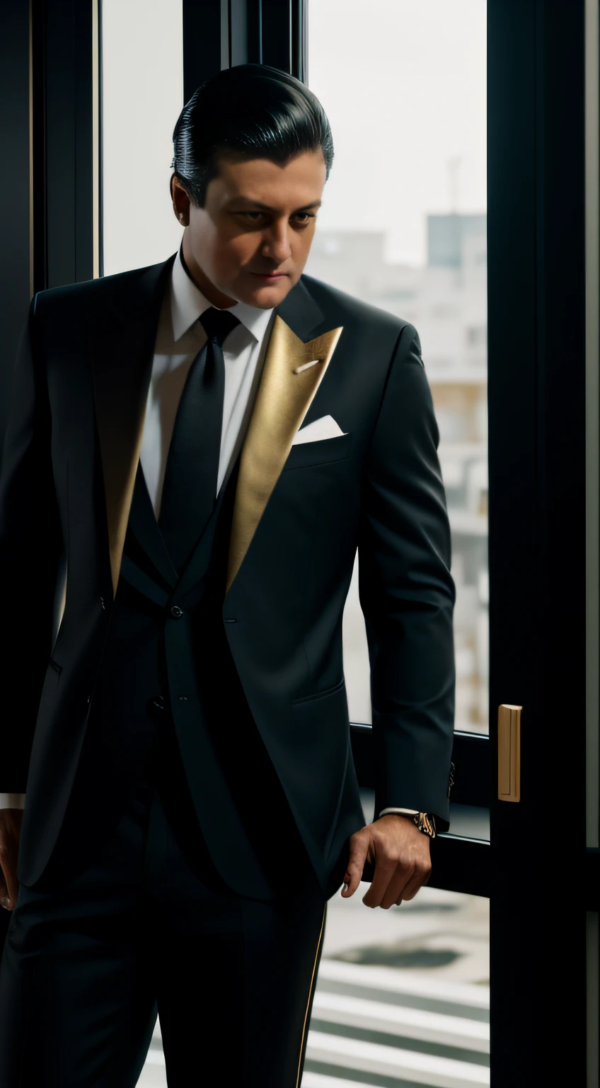 A full-length man leaning against a street window in a black Japanese business suit with gold accents staring out the window at dusk, intrincado, cinemactic, ultra realistic, hiper detalhado, 8k, gentle expressions, Beautiful, Estilo Greg Rutkowski e Borris Vallejo, (no watermark and signature), anatomia perfeita.