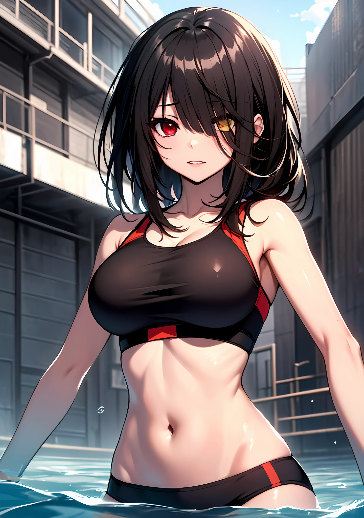Masterpiece, high quality, 1girl, ((tokisaki kurumi)), monochrome, black hair, sport bra, ((right red eye:1, left yellow eye)), ((ahegao)), perfect body, kawaii, swimming, beautiful body, looking at viewer, big boobs, mountain,