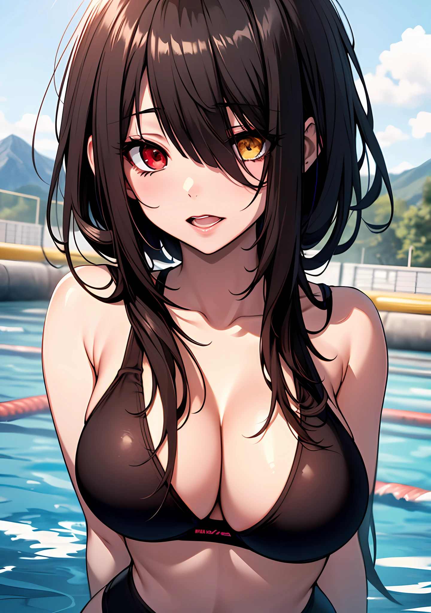 Masterpiece, high quality, 1girl, ((tokisaki kurumi)), monochrome, black hair, sport bra, ((right red eye:1, left yellow eye)), ((ahegao)), perfect body, kawaii, swimming, beautiful body, looking at viewer, big boobs, mountain,