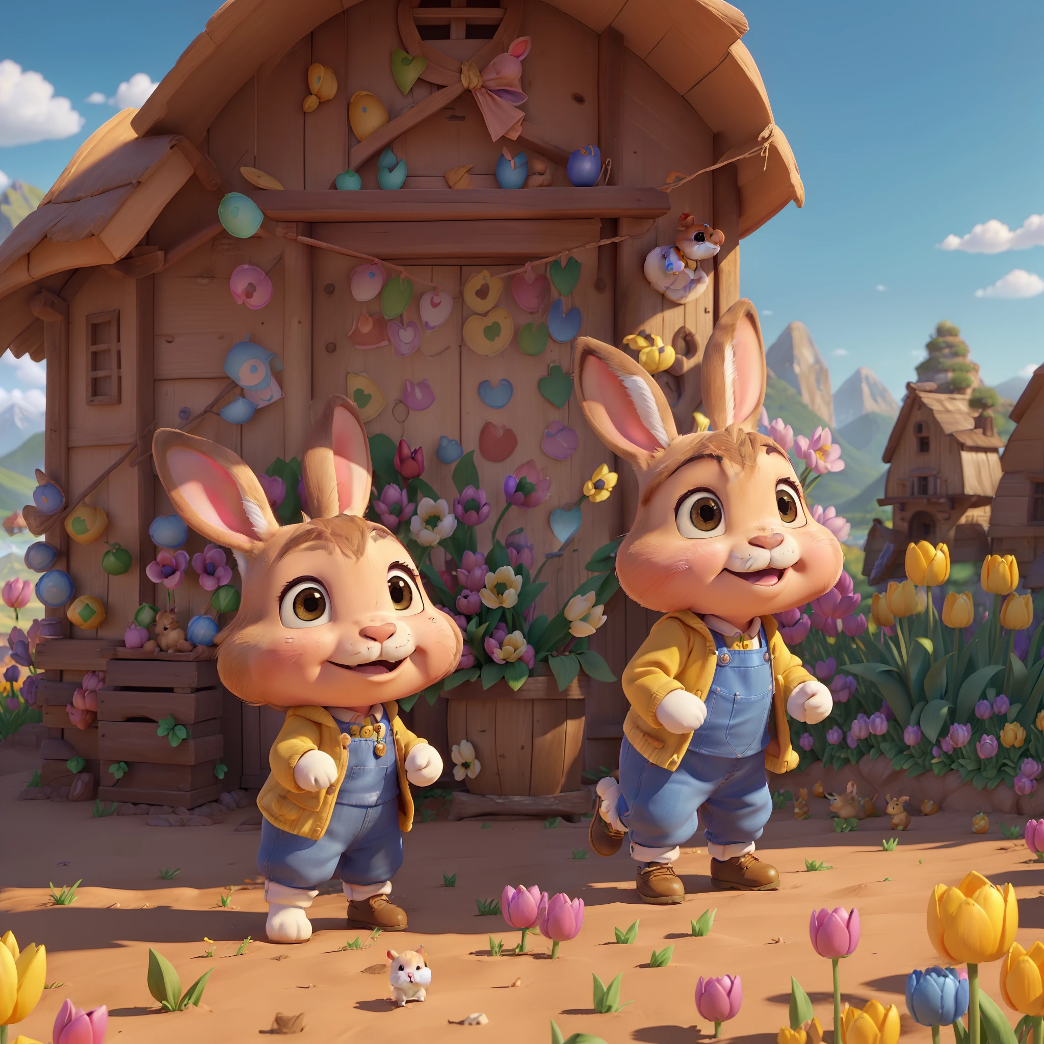 "(One small and cute rabbit:1.2)、ssmile、rendered: (Production Movie、the pose: (Lively:1.2、amusing)、ultra-quality:1.2、in 8K、tulips、blue-sky、for the background(Mountain huts and steppes:1.1)、{Complex and ultra-detailed、Giuseppe Arcimboldo}"