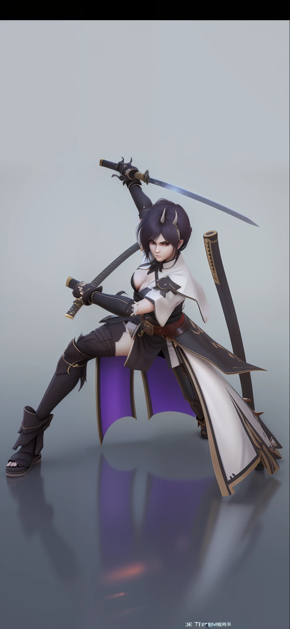 3 d animesexy,quadratic element,gaming character,Temperament,Adult daughter,Bare thighs,Katana in both hands,Small horns on the head,sharp looking eyes
